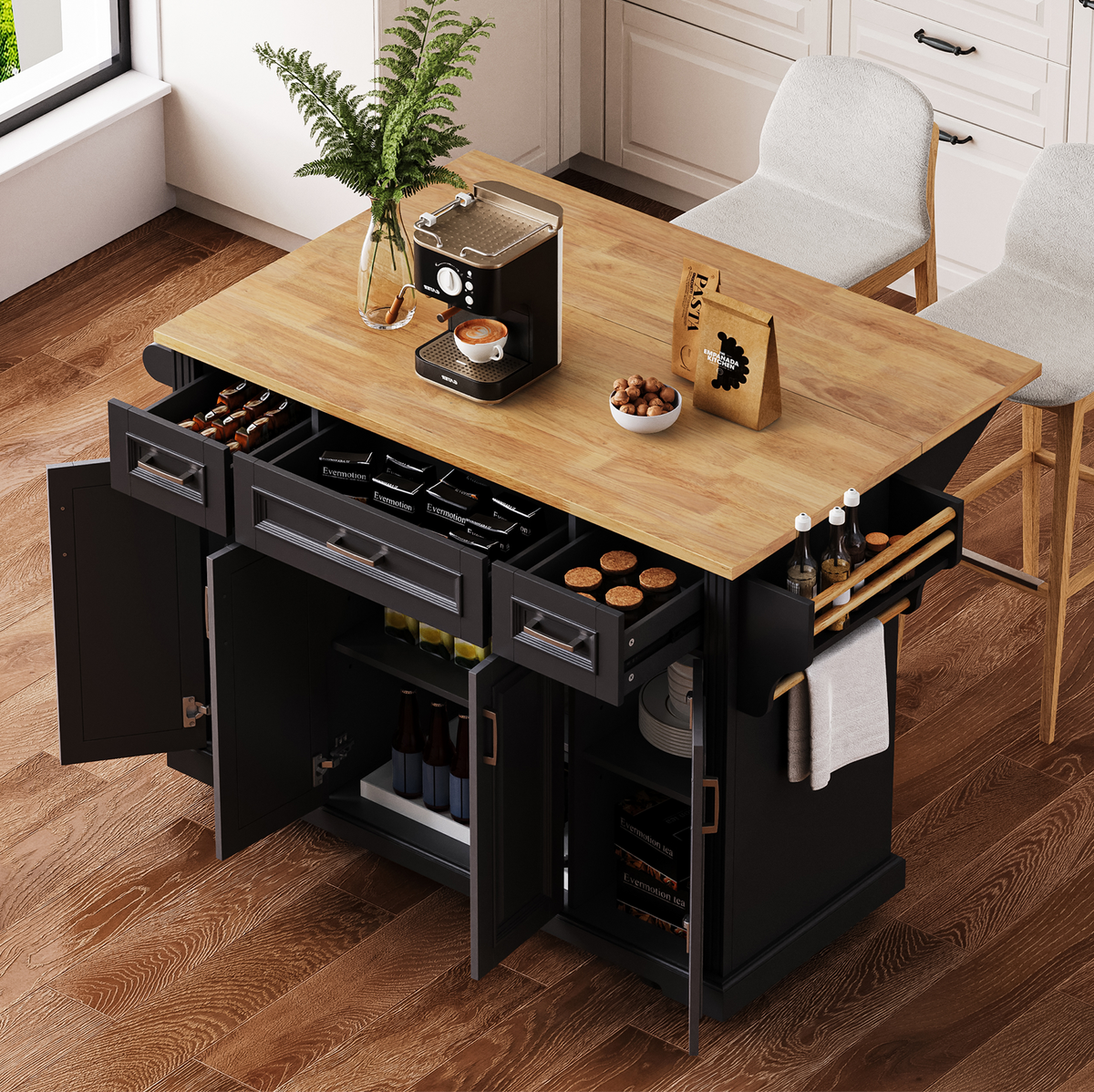 K&K 54-Inch Large Kitchen Island with Rubber Wood Drop Leaf