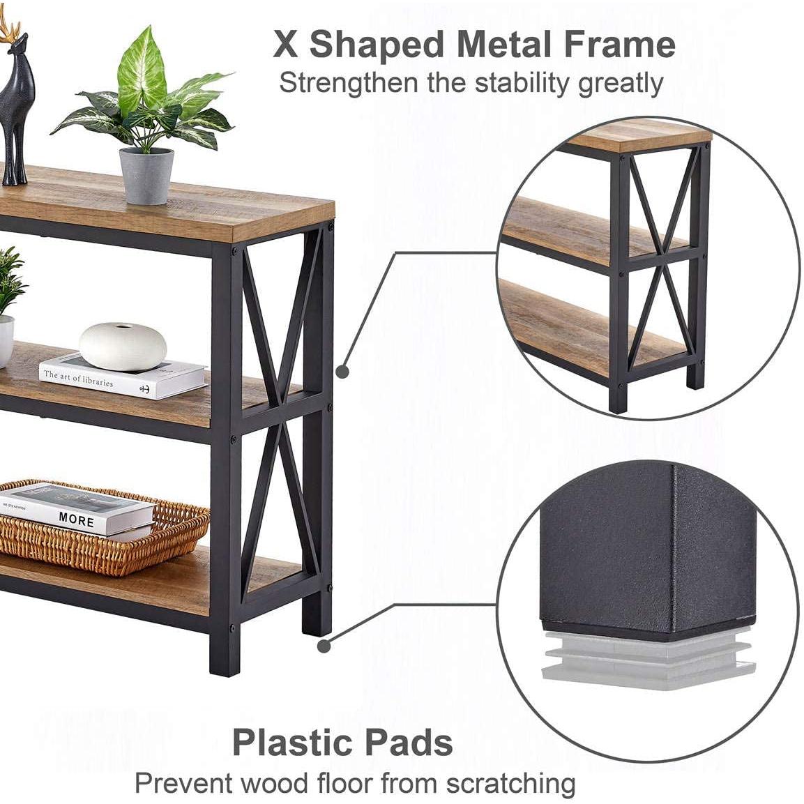 Rustic Wood Console Table With Three Shelves Metal Frame