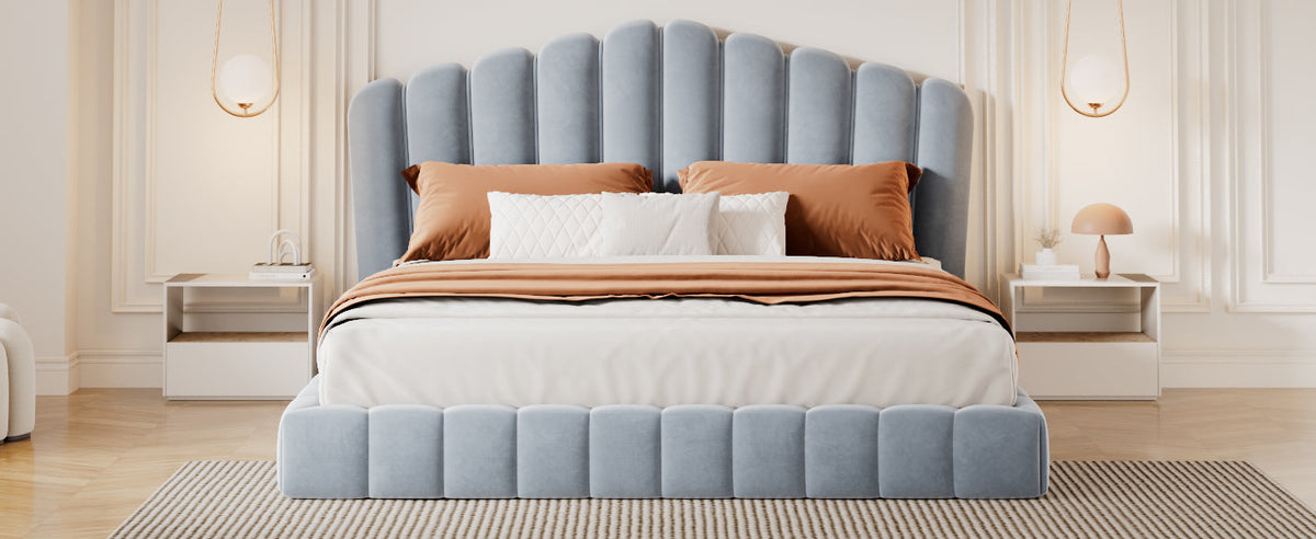 Velvet Upholstered Queen Bed Frame with Shell-Shaped Headboard