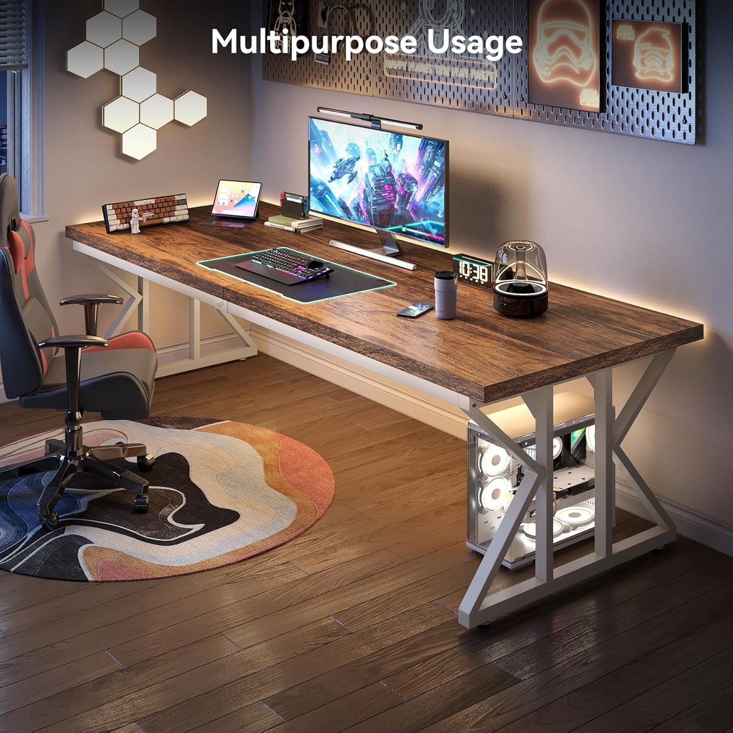 78.7 Inch Rustic Executive Desk For Home Office Brown-White