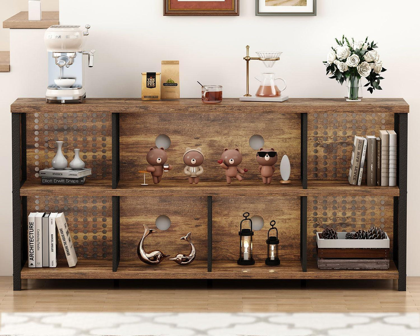 Rustic Brown 63 Inch Bookshelf Cube Storage Five In One