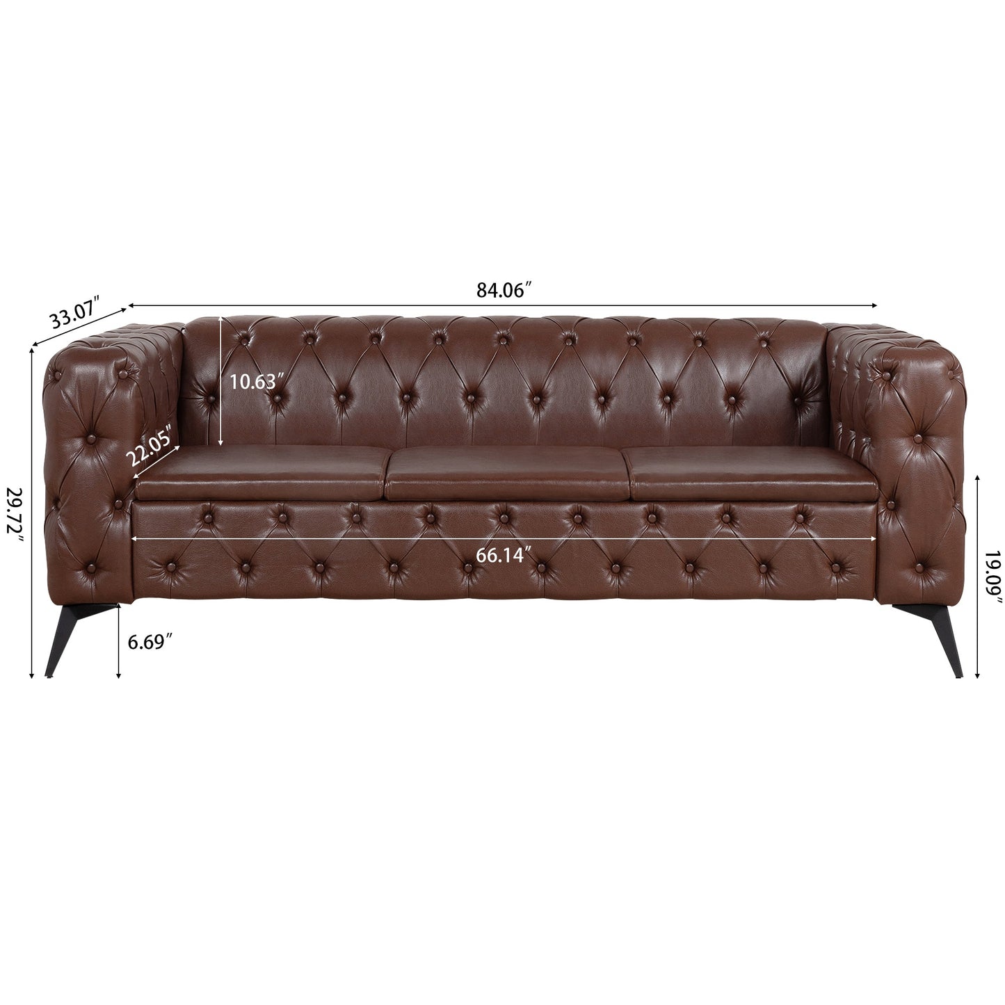 Traditional Square Arm 3-Seater Sofa with Removable Cushion, Dark Brown PU, 84.06 Inch