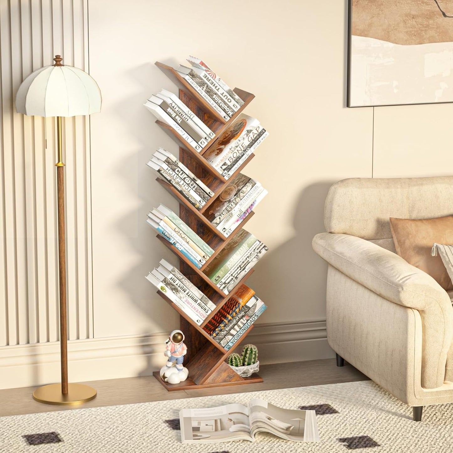 10 Tier Tree Bookshelf Brown Wood Floor Standing Bookcase For Living Room Decor Storage
