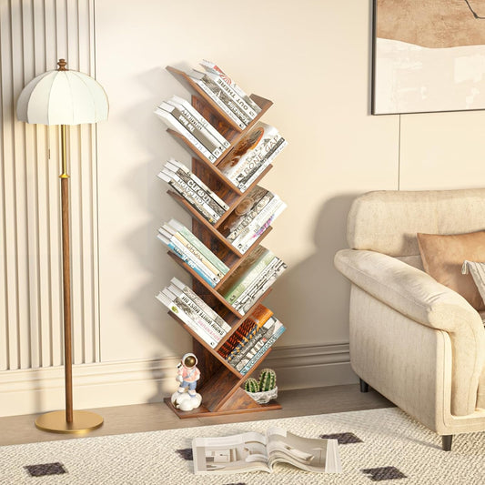 10 Tier Tree Bookshelf Brown Wood Floor Standing Bookcase For Living Room Decor Storage