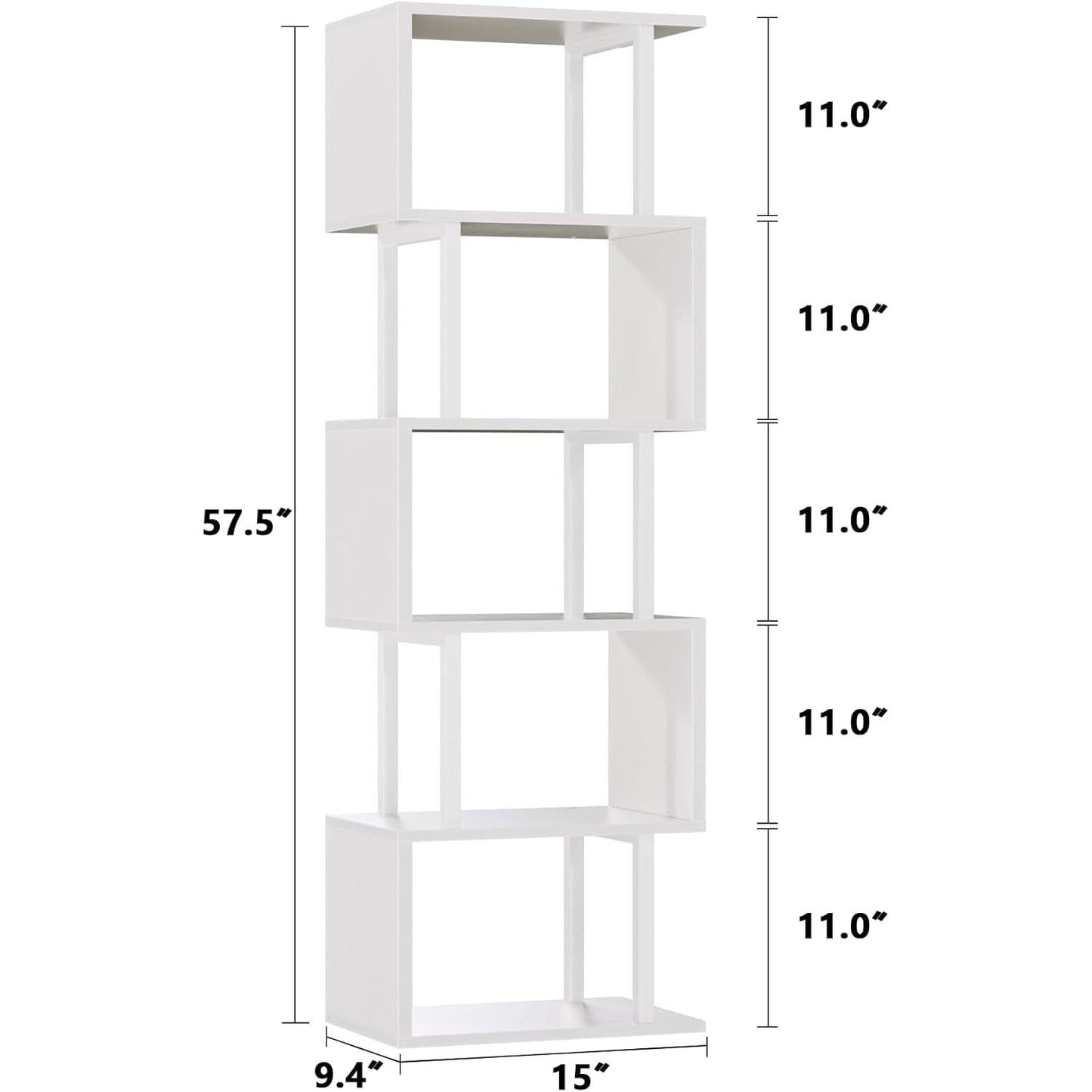 White Geometric S Shaped 6 Tier Bookshelf Freestanding Modern Bookcase