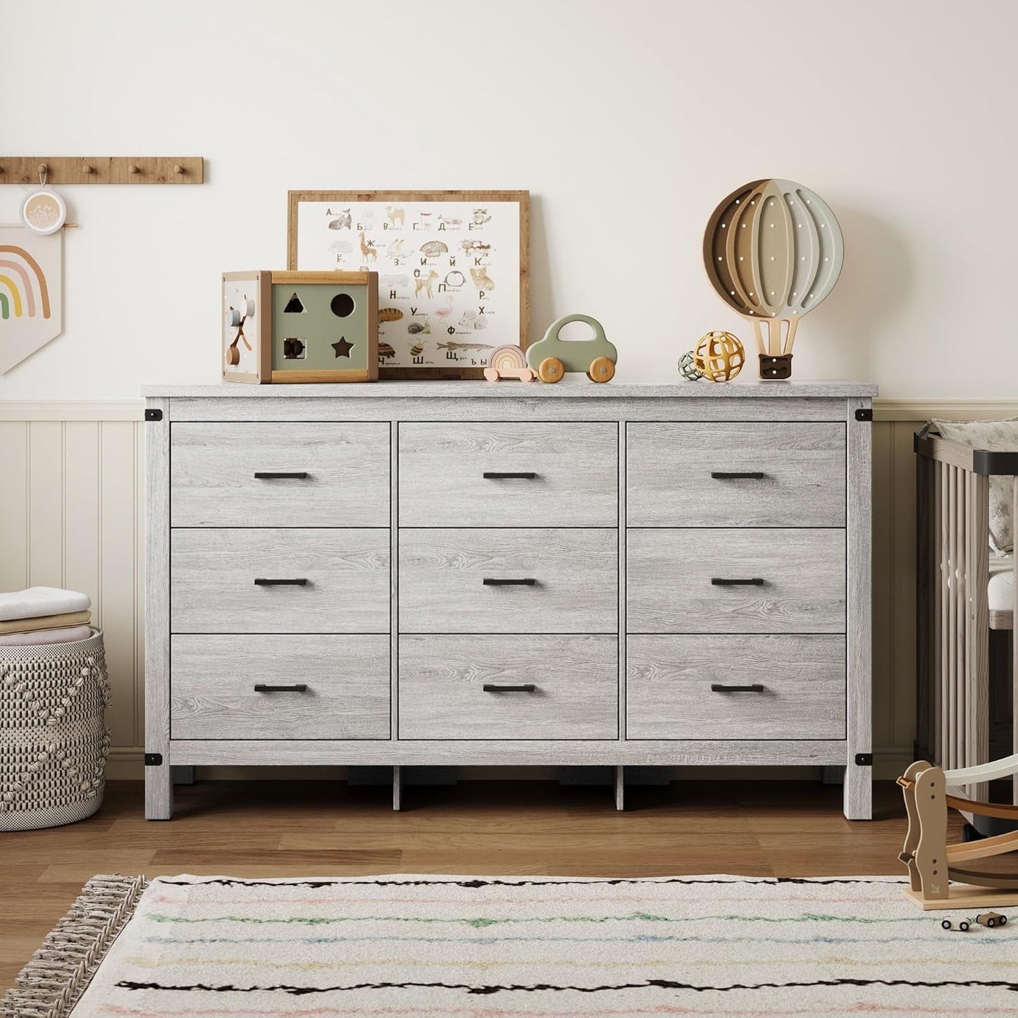59 Inch Washed Grey Modern Farmhouse DresserWithNineDrawers
