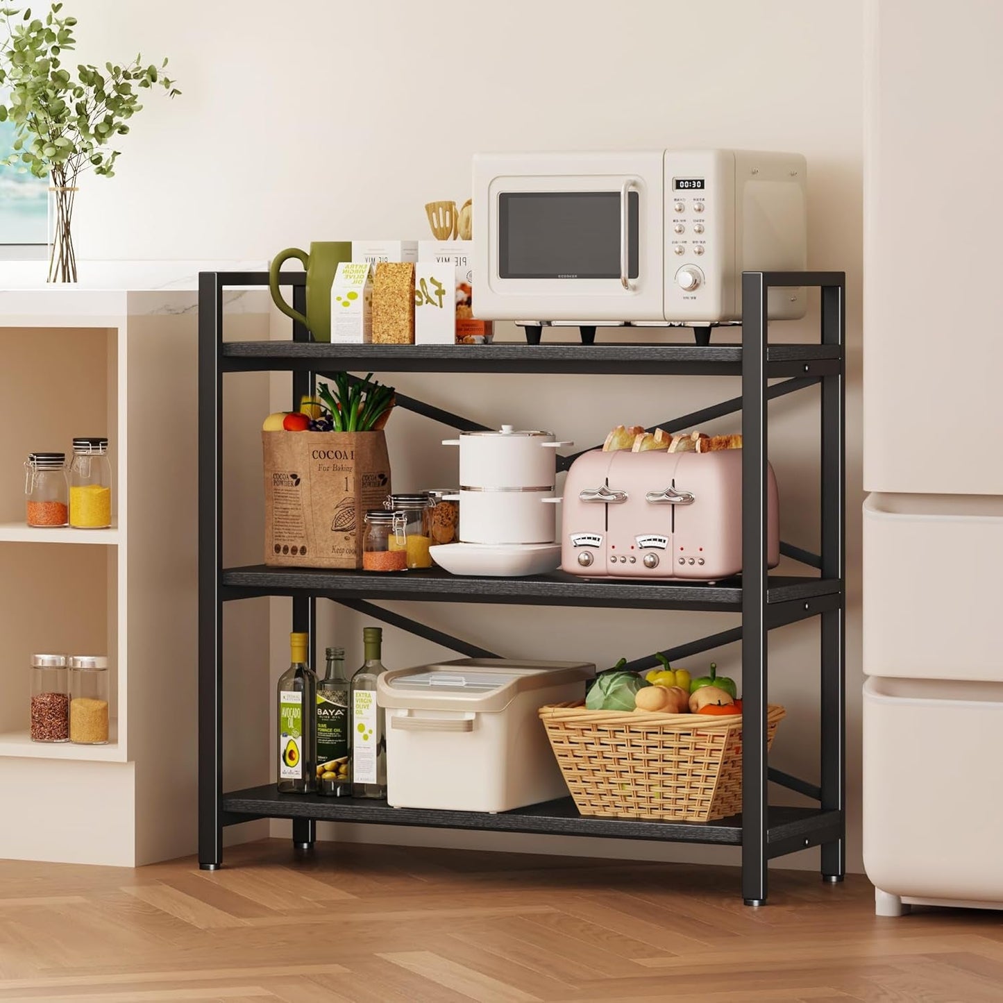 3 Tier Bookshelf 31 Inch Width Wood And Metal Etagere Black