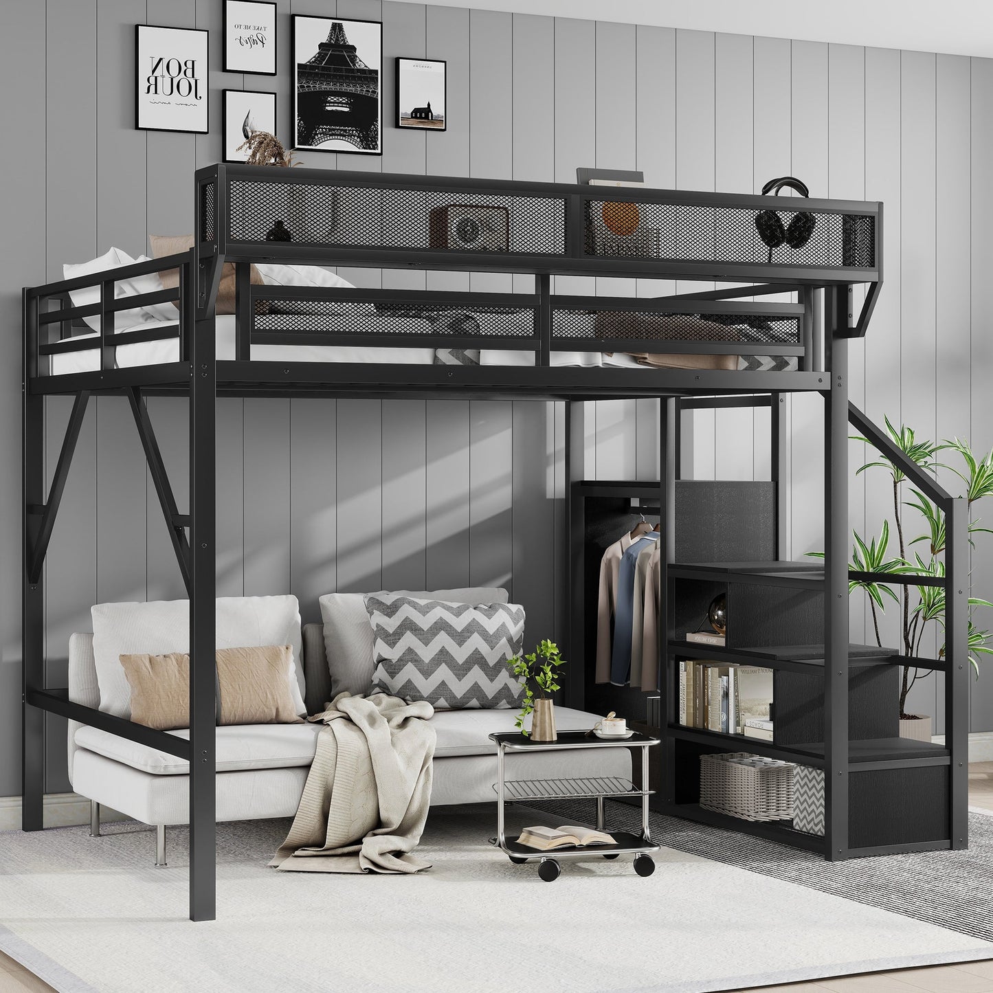 Queen Size Loft Bed with Stairs, Metal Loft Bed with Storage Shelves