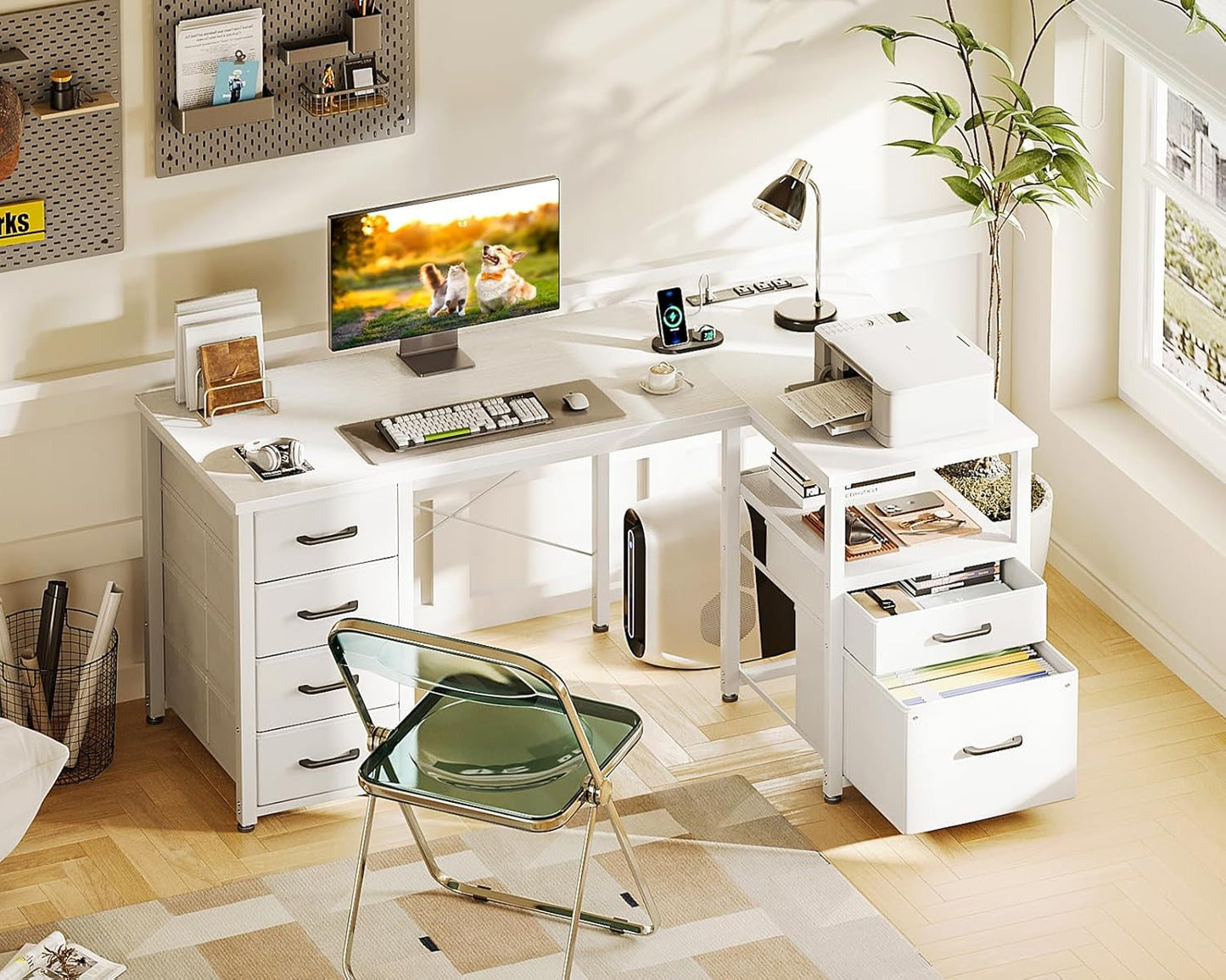L Shaped Computer Desk 6 Drawers Power Outlet 55In White