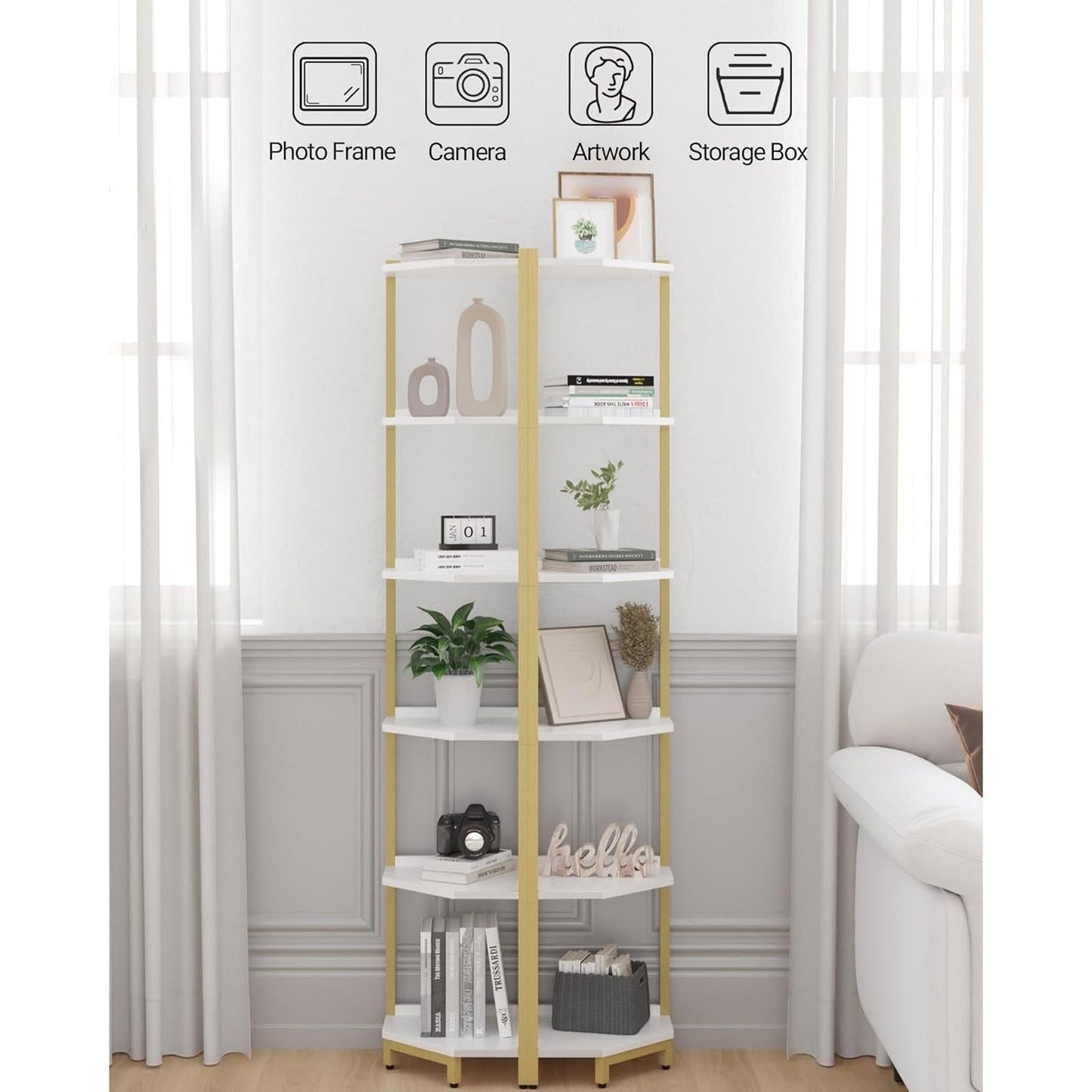 6-Tier Corner Shelf Stand White Gold Finish For Living Room