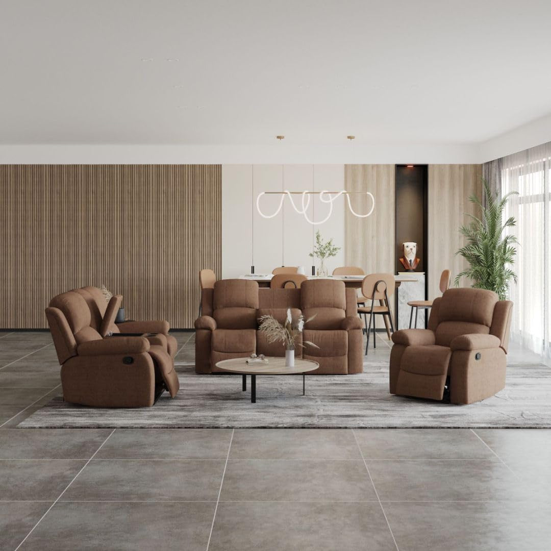 Manual Recliner Sofa Set In Brown Microfiber 3 Piece