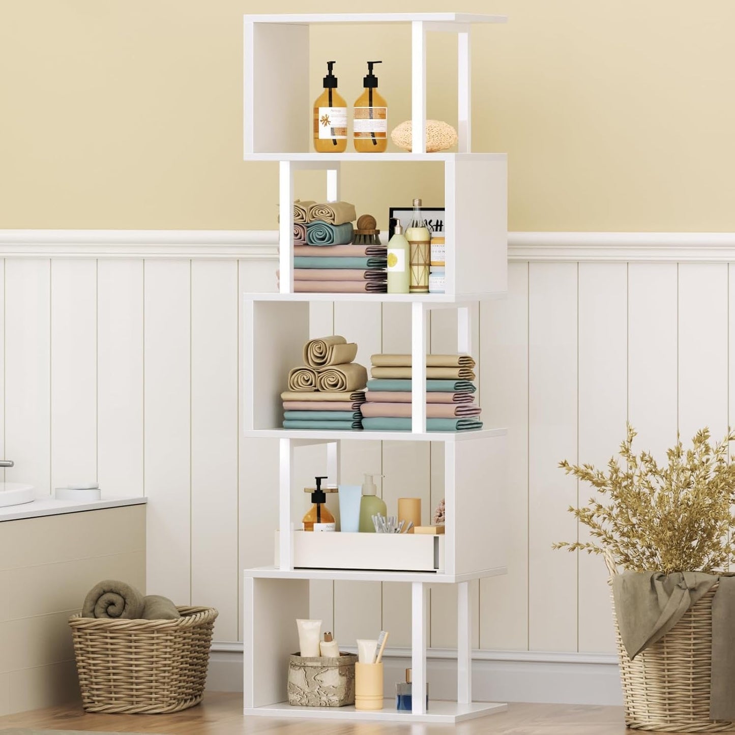 White Geometric S Shaped 6 Tier Bookshelf Freestanding Modern Bookcase