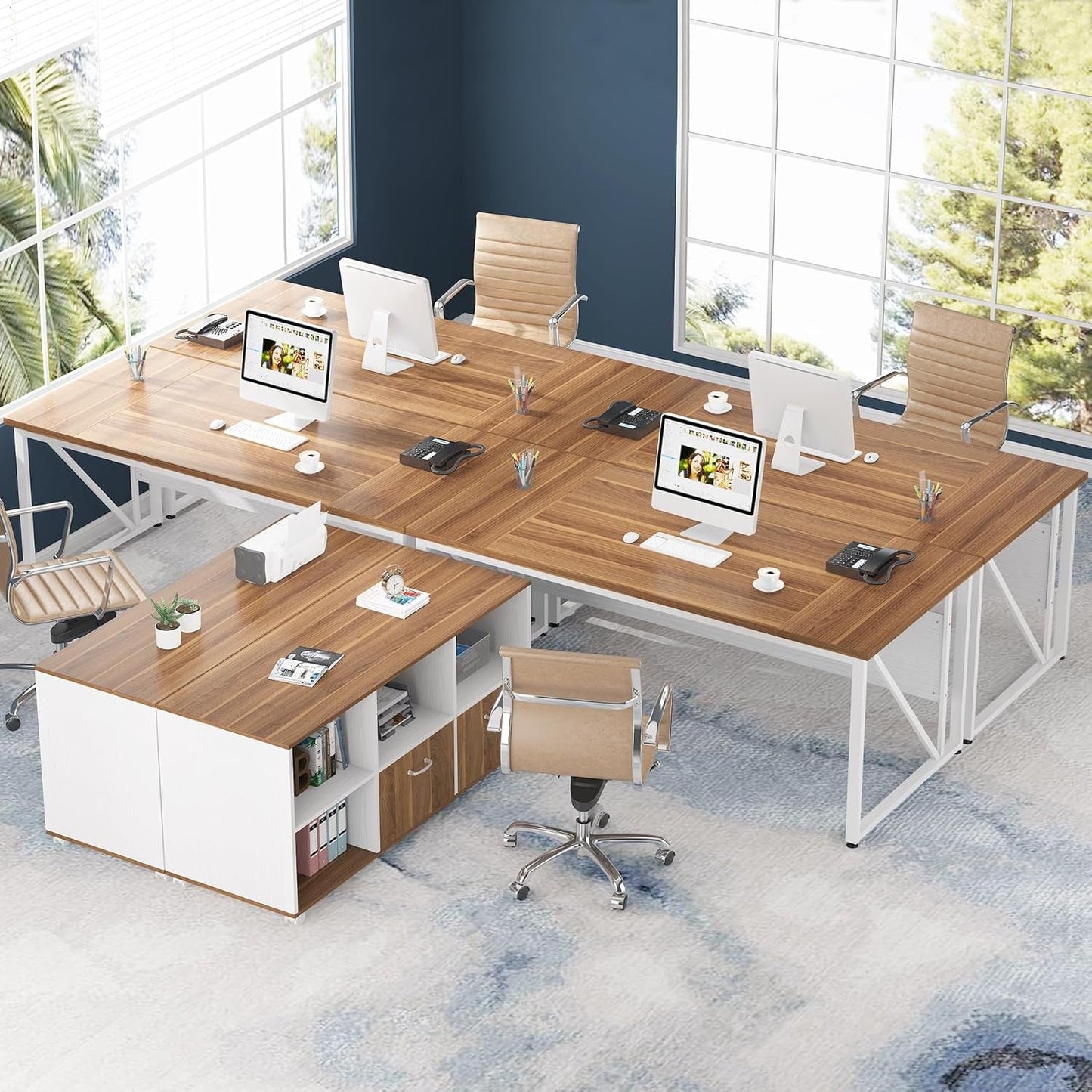 63 Inch L Desk With File Cabinet Walnut White Finish