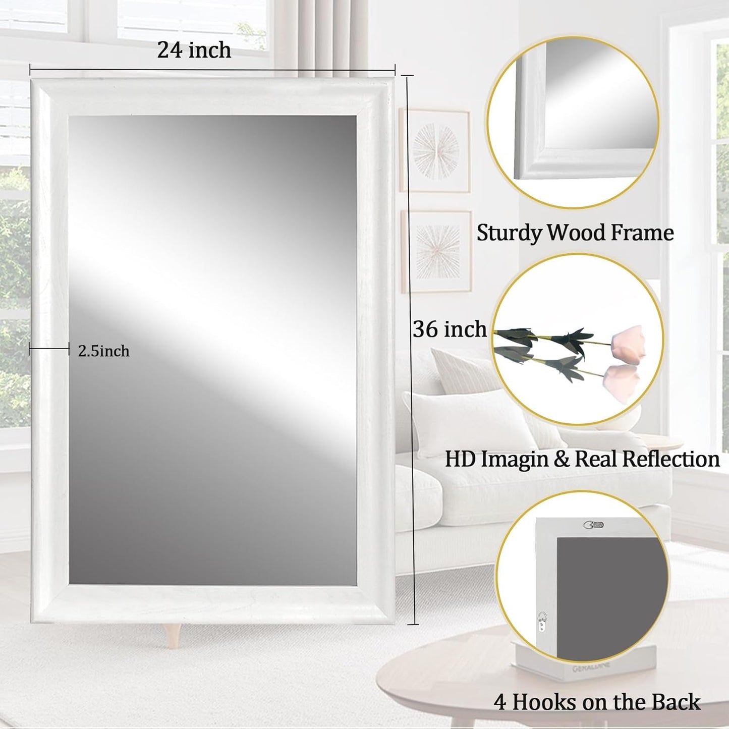 Rectangular White Wood Wall Mirror 24x36 Inches Bathroom