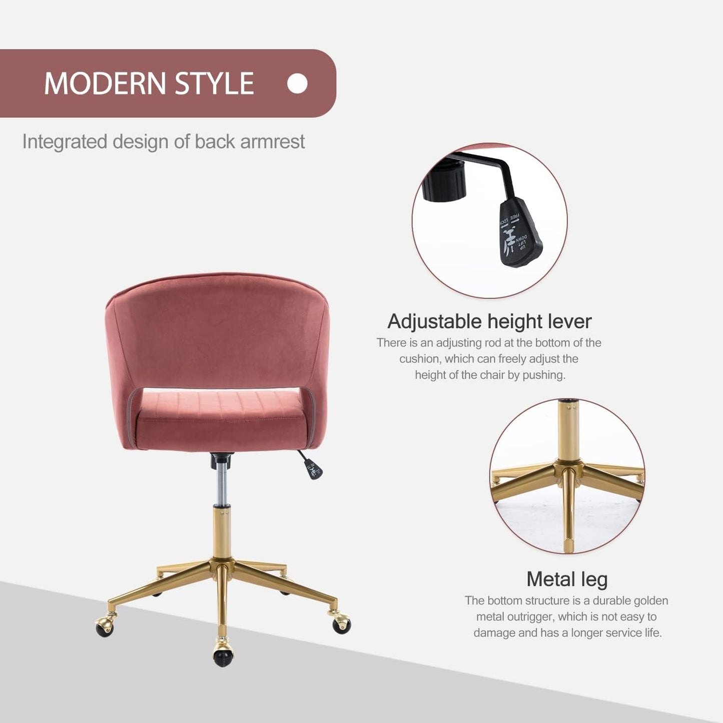 Rose Velvet Office Desk Chair With Ergonomic Design And Swivel Wheels
