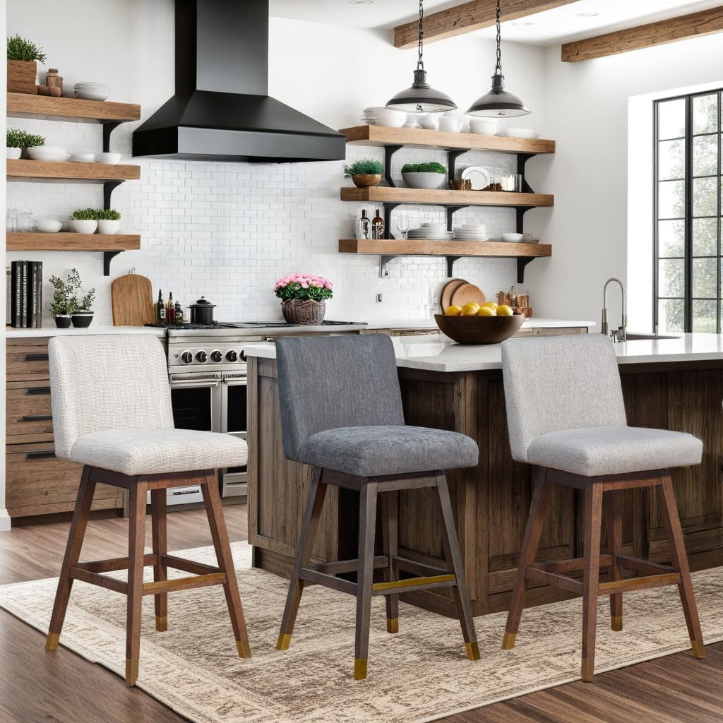 Basila 26 Inch Seat Height Swivel Bar Stool Taupe Fabric in a modern kitchen setting with stylish decor.