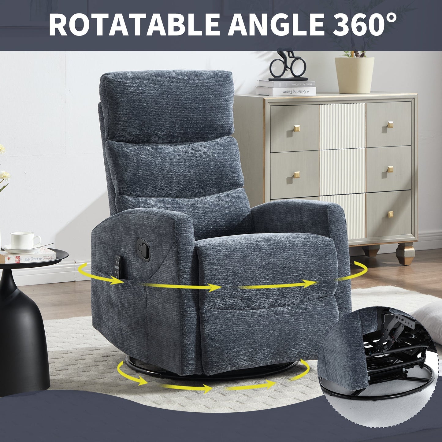 Heat Massage Manual Recliner Chair with Rocker and Swivel in Fabric for Living Room, Blue