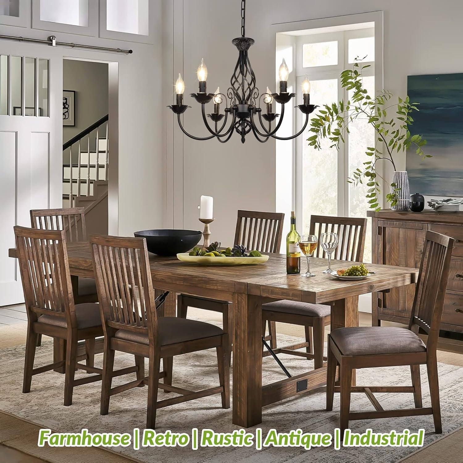 Six Light Matte Black Farmhouse Ceiling Chandelier Fixture illuminating a dining room with rustic wooden furniture.