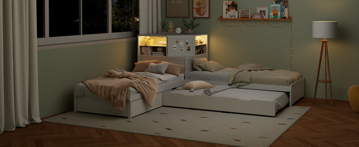L-Shaped Combination Twin Bed Frame with Trundle and Drawer