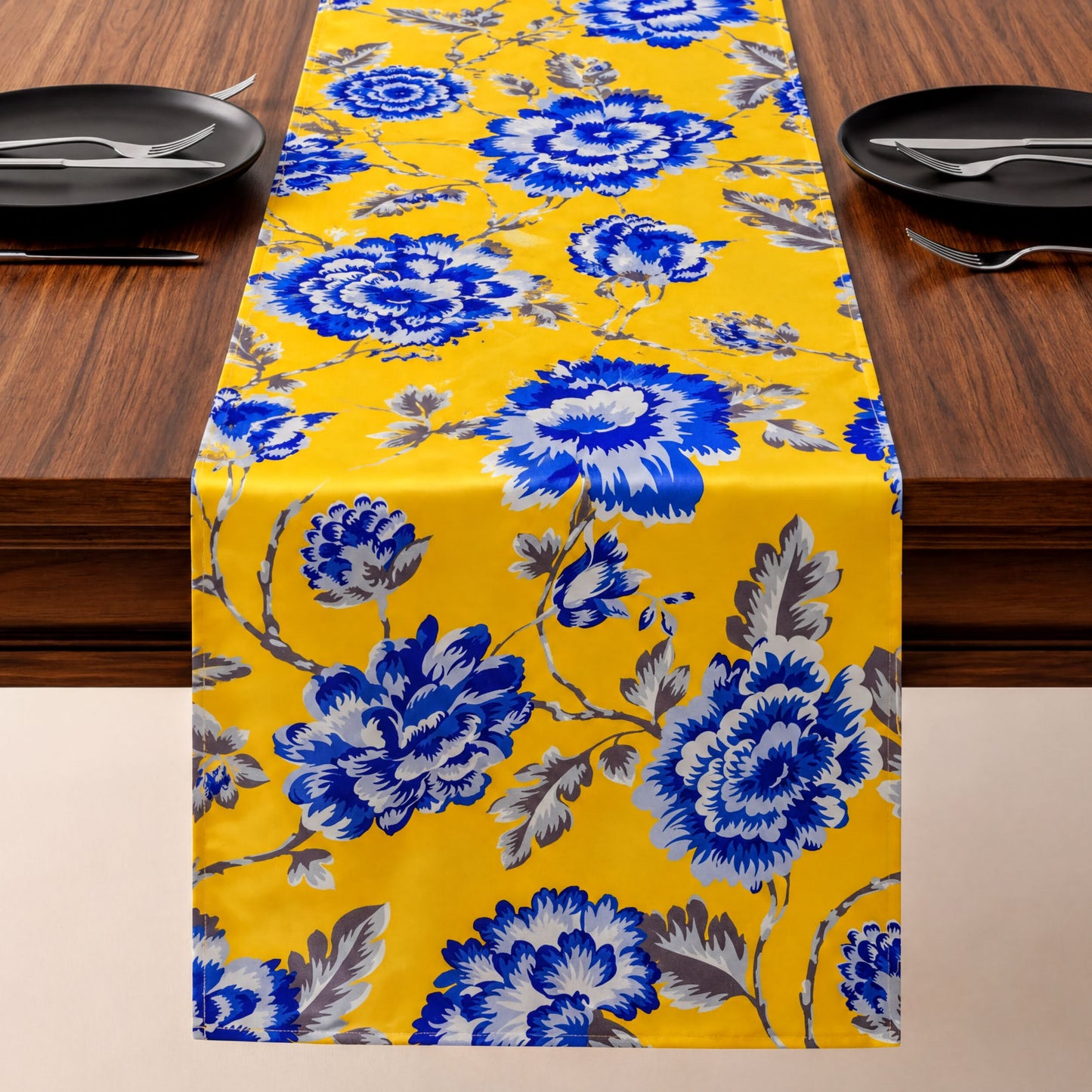 Printed Table Runner - Yellow Blue Floral Indoor Outdoor Dining Table Decor