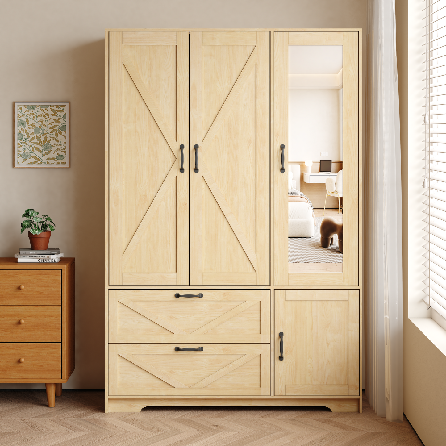 4 Doors Wardrobe Closet with Mirror, LED Wardrobe with Doors