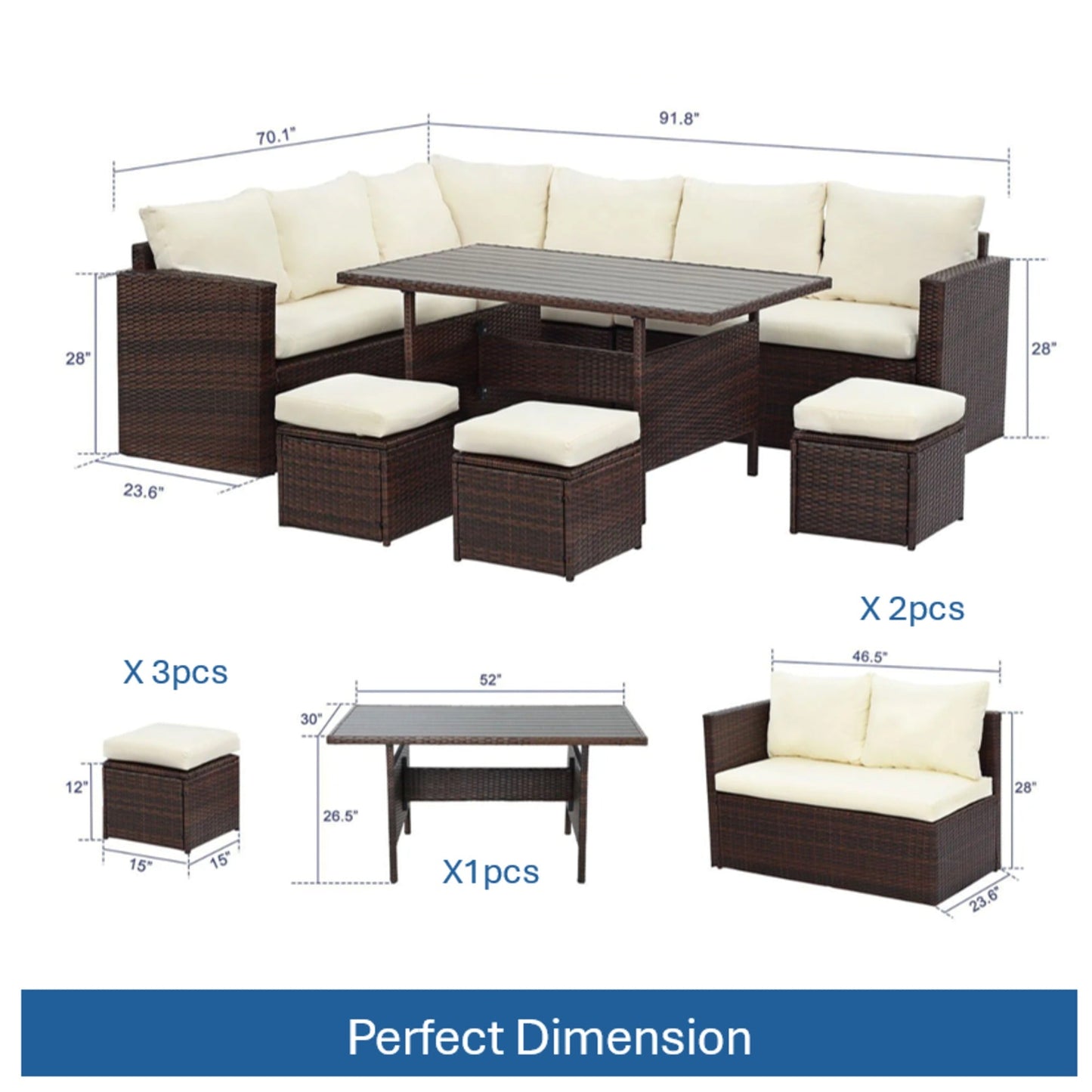 7 Piece Wicker Outdoor Dining Set, 9-Seat Outdoor Sectional