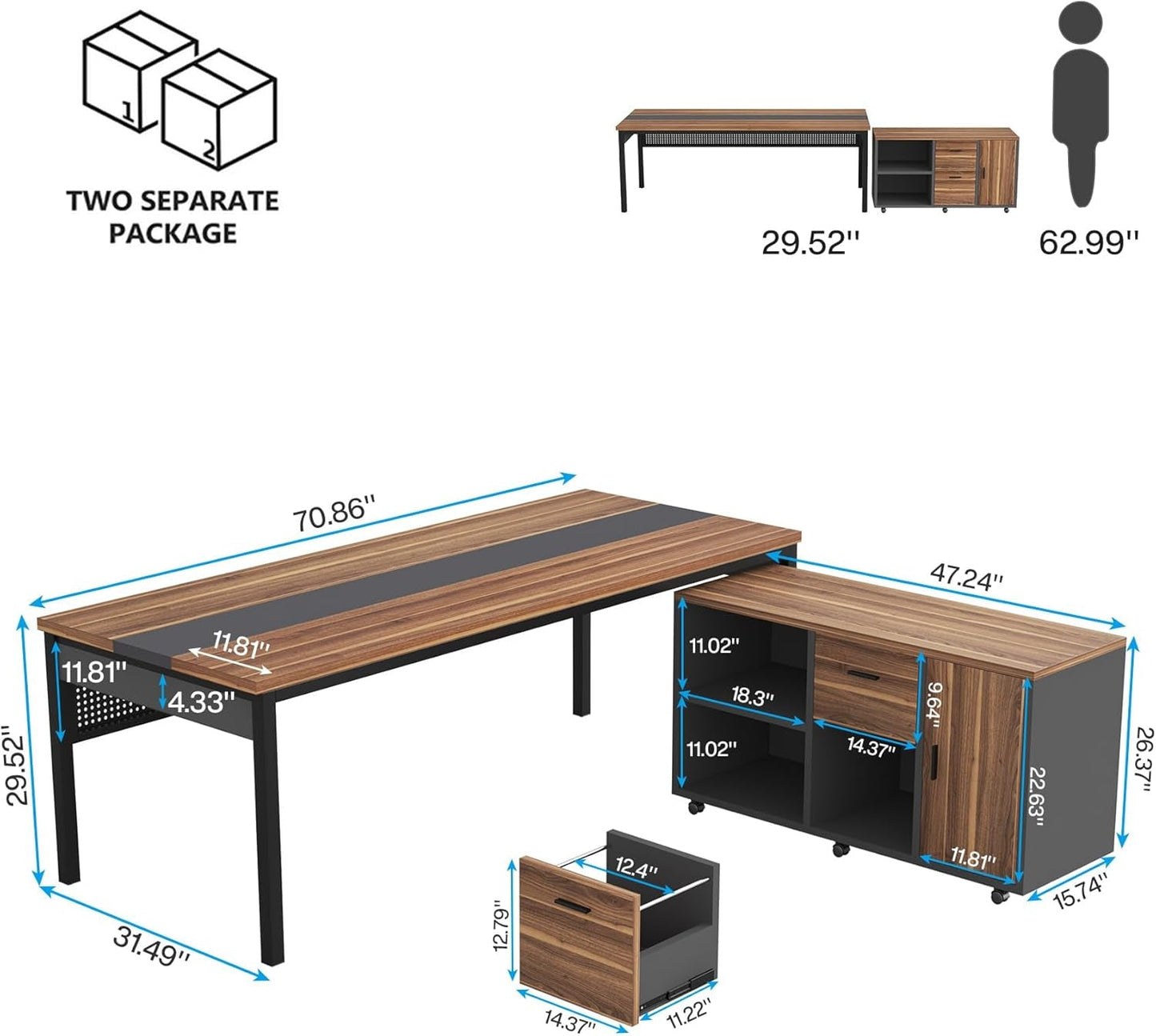 71 Inch Walnut Executive L Shaped Desk With File Cabinet