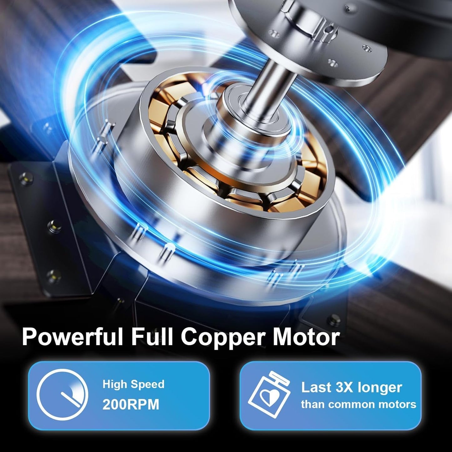 Powerful Full Copper Motor with high speed of 200RPM for optimal performance in 52 Inch Black Flush Mount Ceiling Fan With Dimmable Lights.