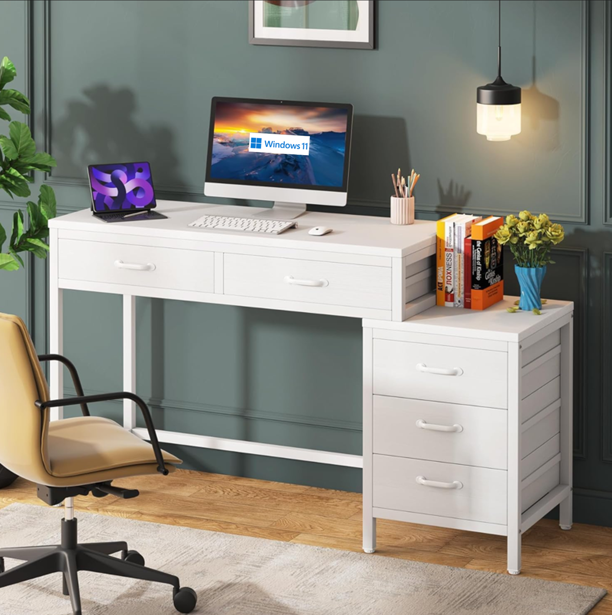 51" Reversible Computer Desk with 5 Drawers and File Cabinet