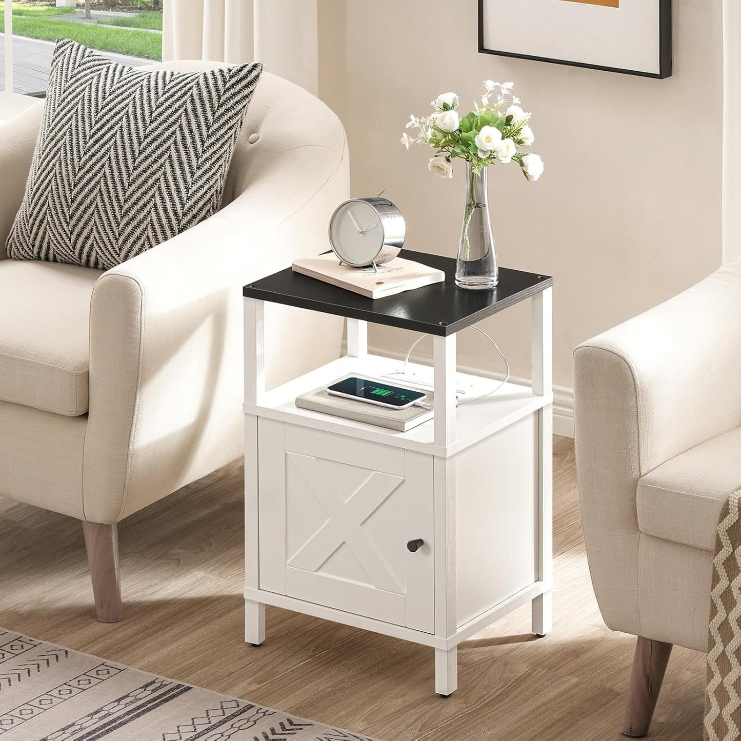 White Farmhouse Bedside Nightstand With USB Type C Ports
