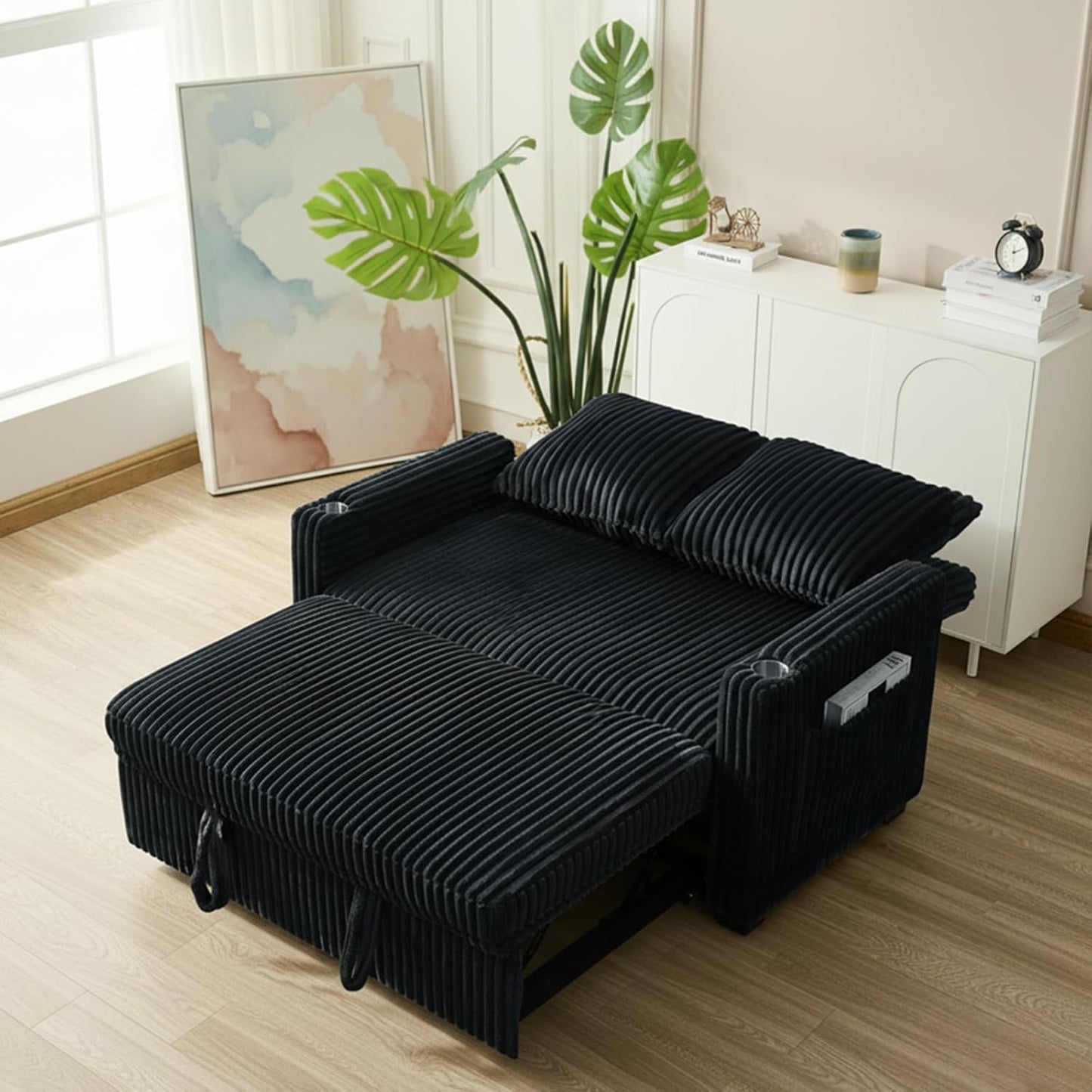 53 Inches Black Corduroy Fabric Sleeper Sofa USBPort