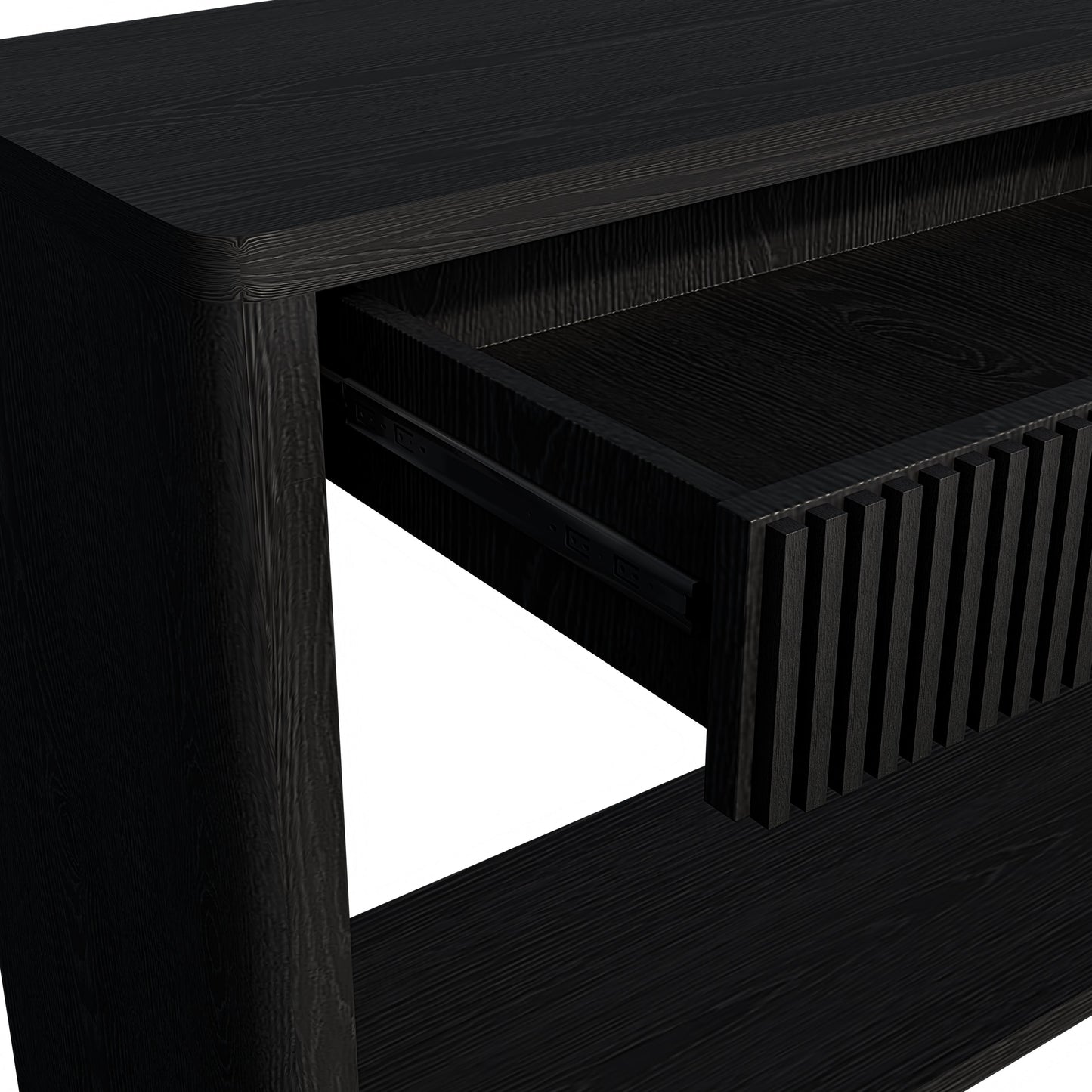 60' Modern 2-Drawer Fluted Console Table Natural Wood Veneer Sofa Table Behind Couch Table for Living Room, Hallway, Entryway, Home Office, Black