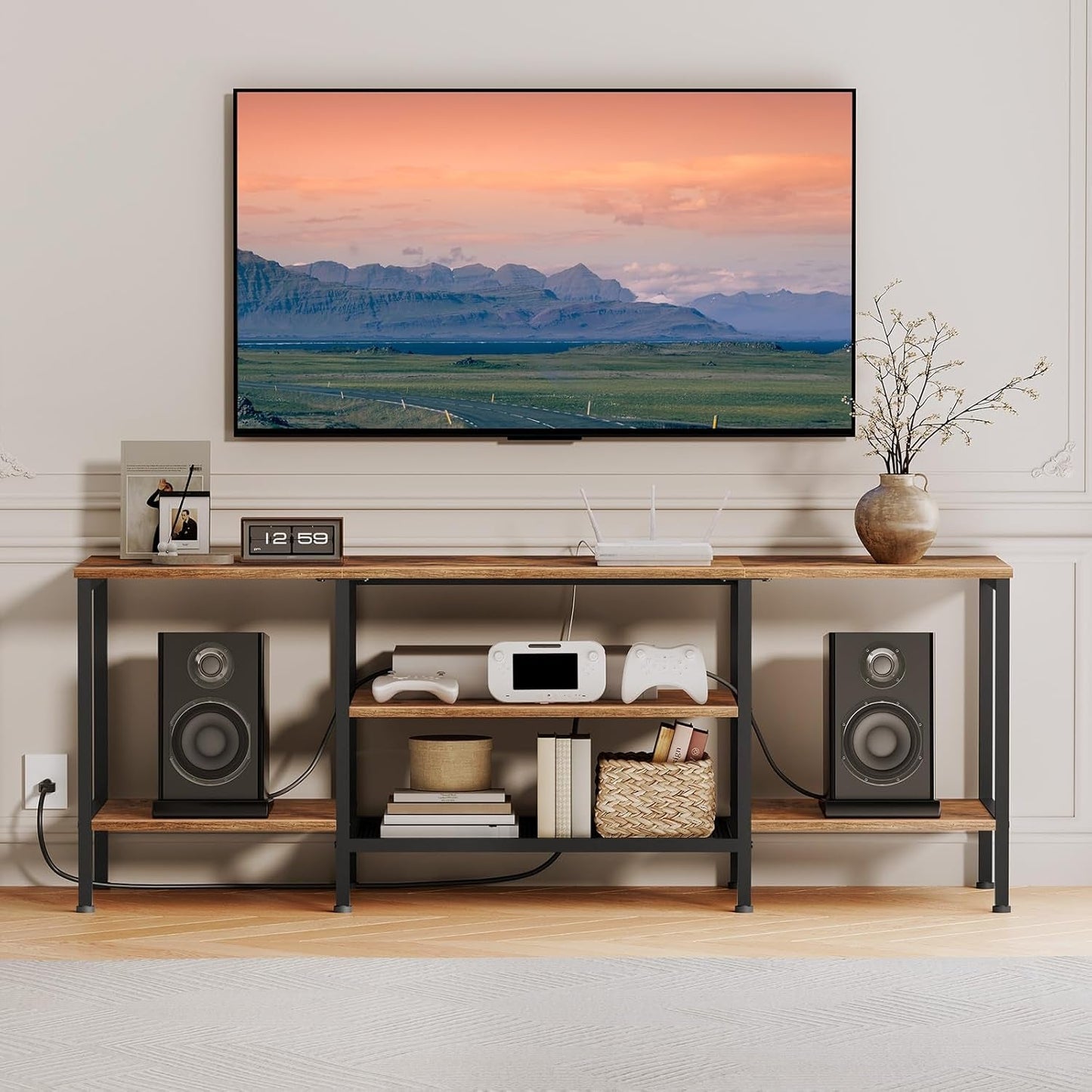 TV Stand With Power Outlets For 65 Inch TV Open Shelves
