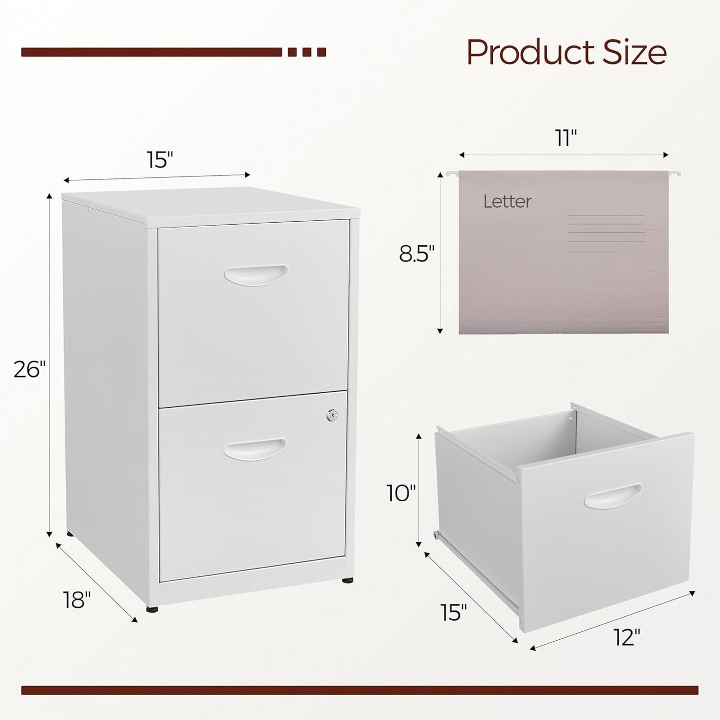 White Metal Two Drawer Locking File Cabinet For Hanging Files Fits Letter And A4