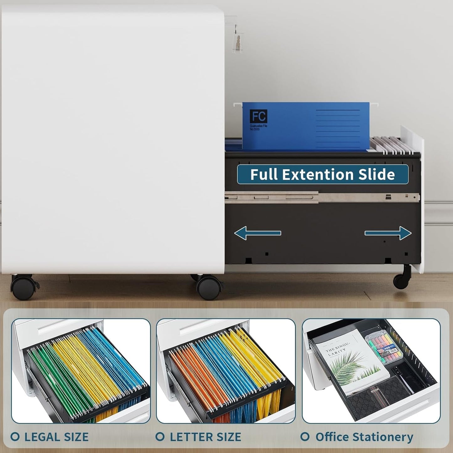 Mobile Filing Cabinet 3 Drawer White Lock On Wheels