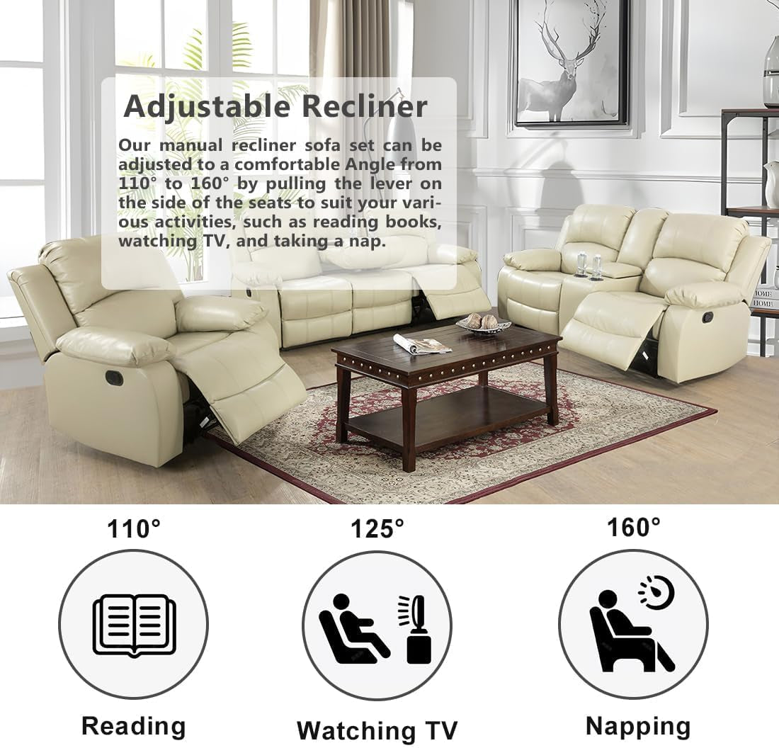 Beige 3 Seater Manual Reclining Sofa With Cup Holders