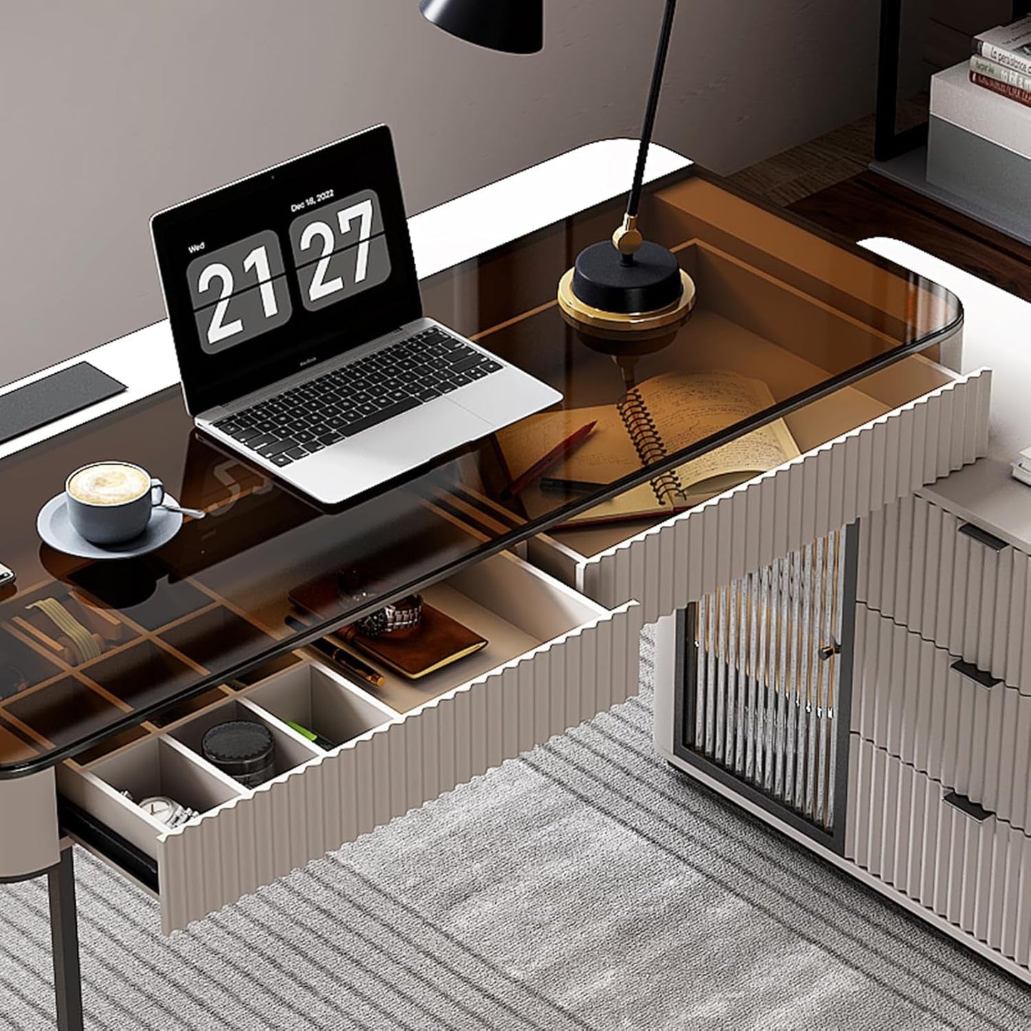 Ivory 50 Inch Office Computer Desk With Cabinet LED lights