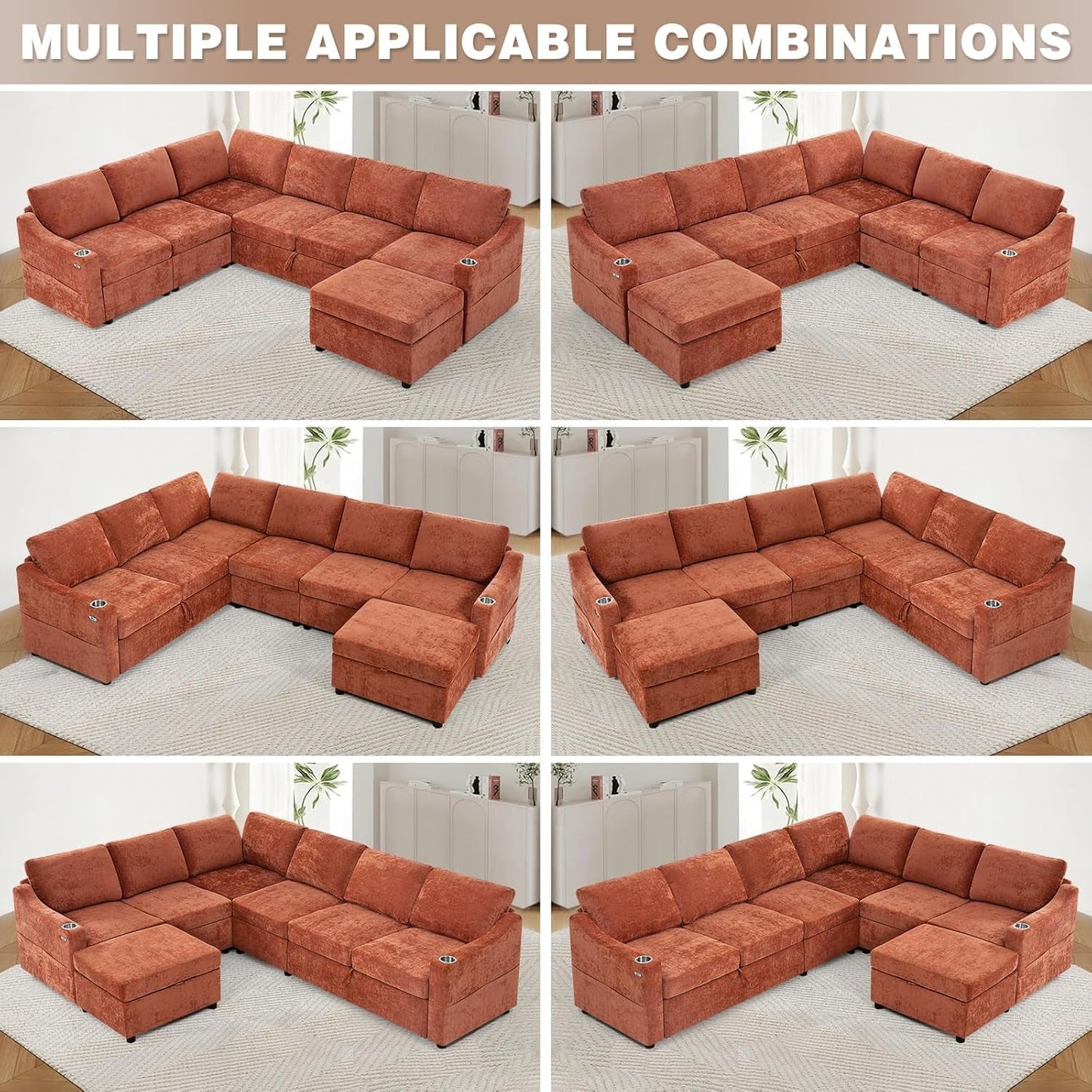 116Inch Orange Chenille Fabric Modular Sleeper Sofa USB
