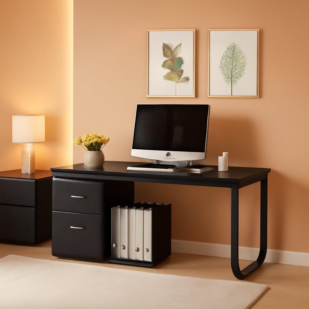 55 Inch L Shaped Computer Desk Black Storage Cabinet