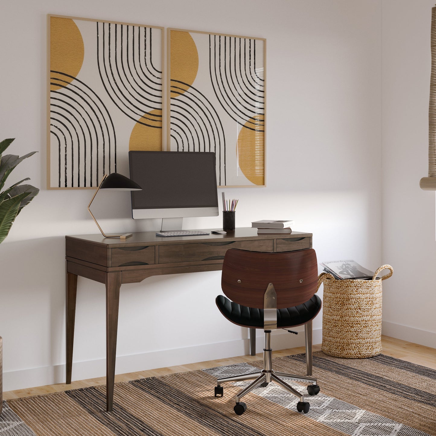 Harper 48 inch Wide Solid Hardwood Mid-Century Modern Small Desk in Walnut Brown
