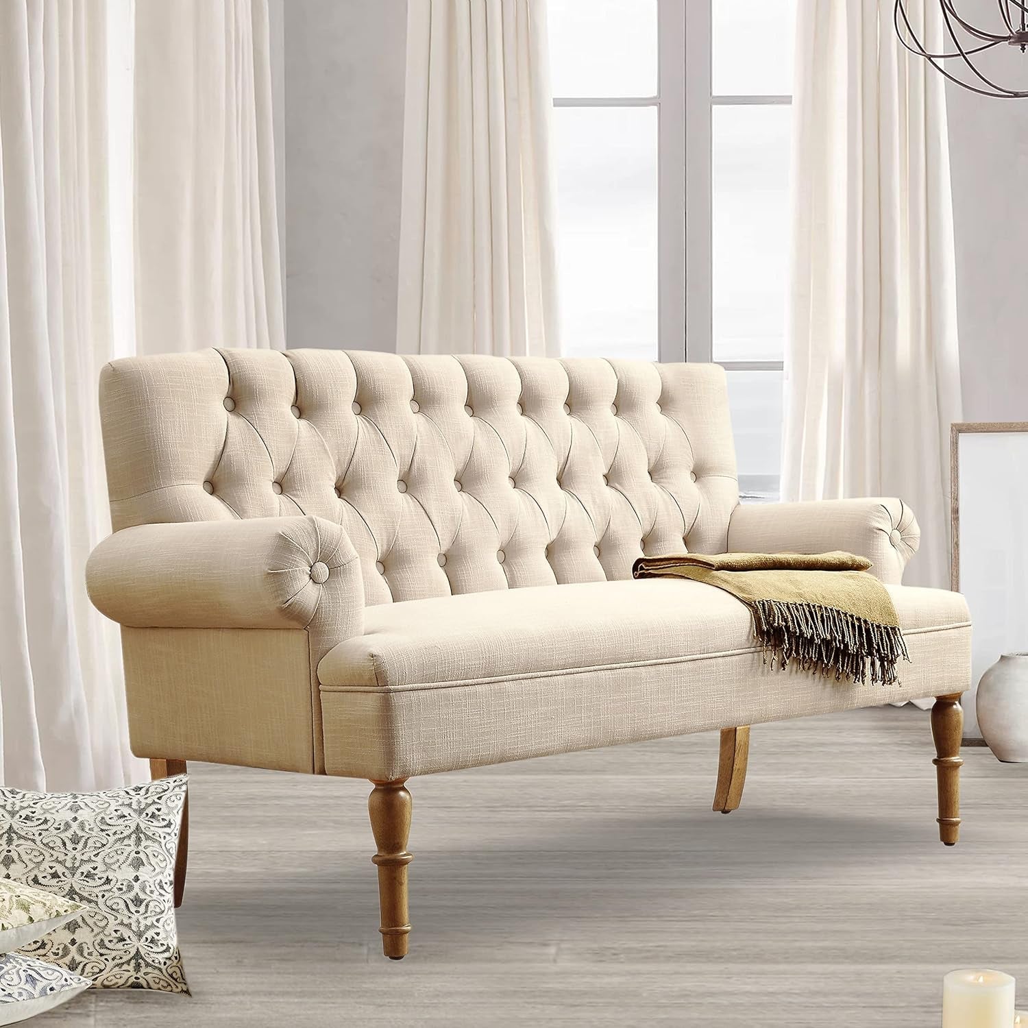 Beige Linen Loveseat Sofa With Sinuous Spring Support in a bright living room setting with curtains.
