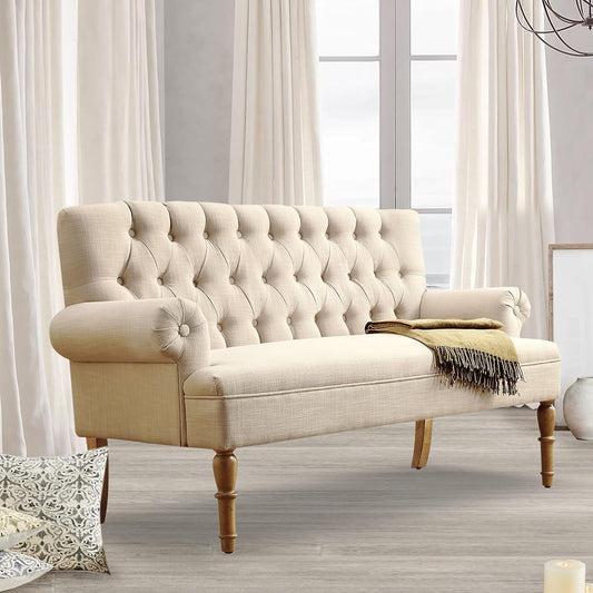 Beige Linen Loveseat Sofa With Sinuous Spring Support in a bright living room setting with curtains.