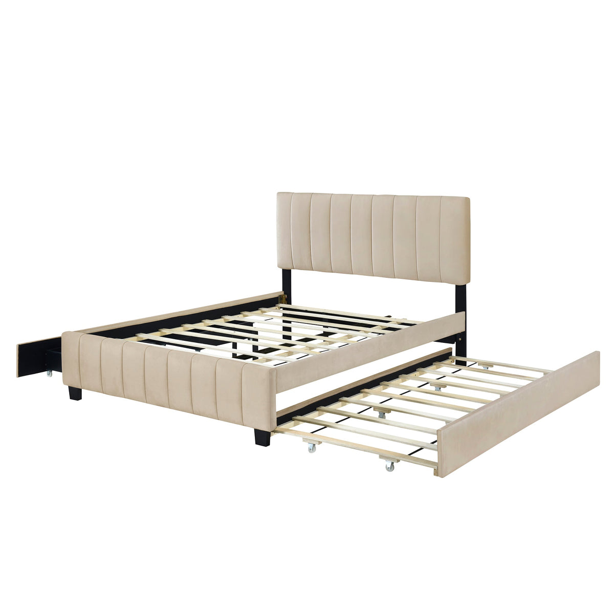 Queen Size Velvet Upholstered Platform Bed with 2 Drawers and Trundle