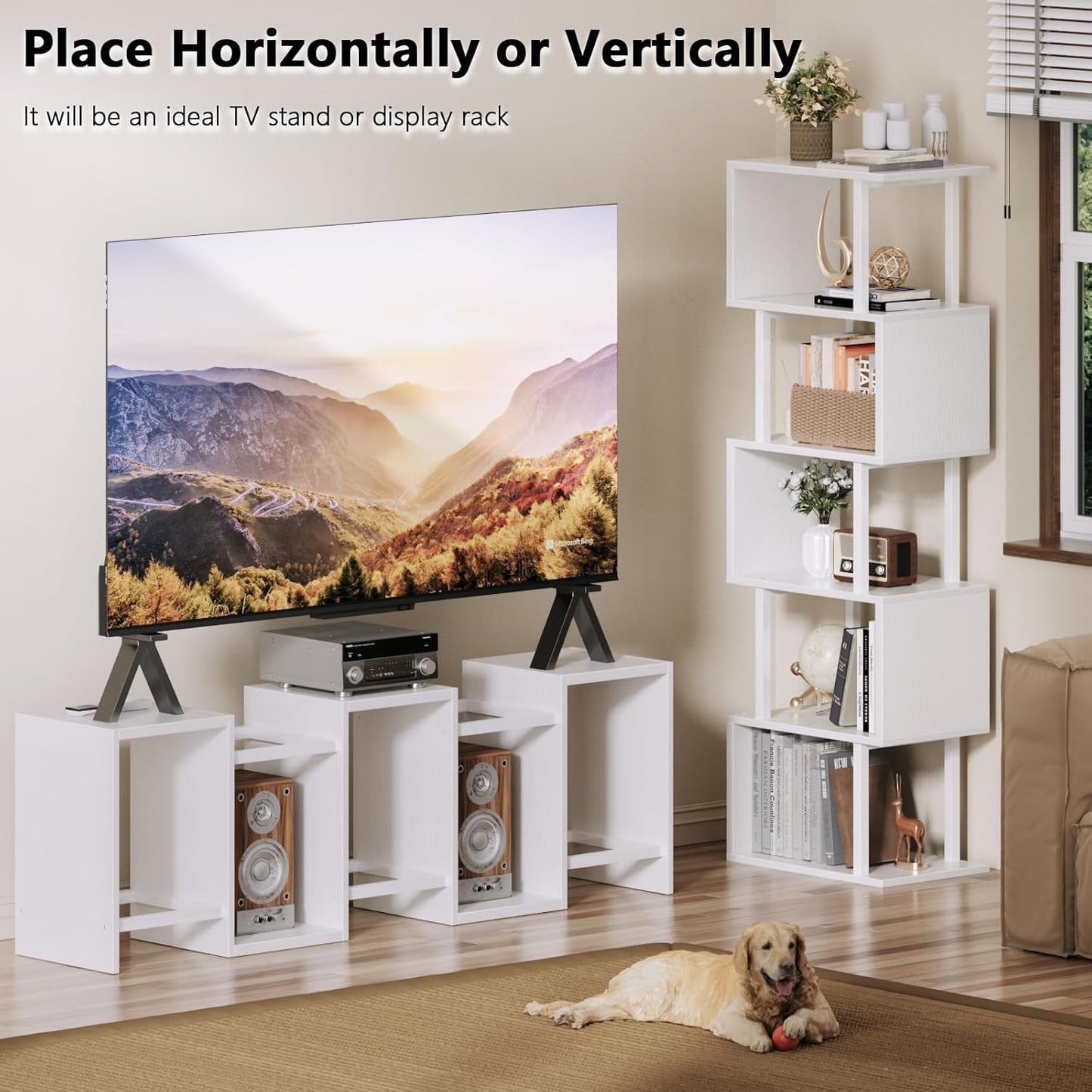 White Geometric S Shaped 6 Tier Bookshelf Freestanding Modern Bookcase