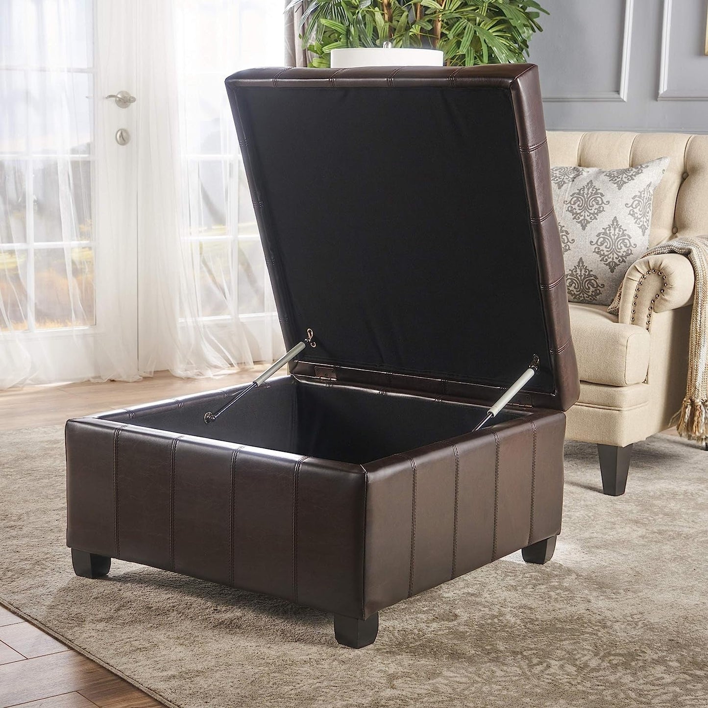 Marbled Brown Leather Storage Ottoman for Living Room with open lid showcasing storage space and tufted design.
