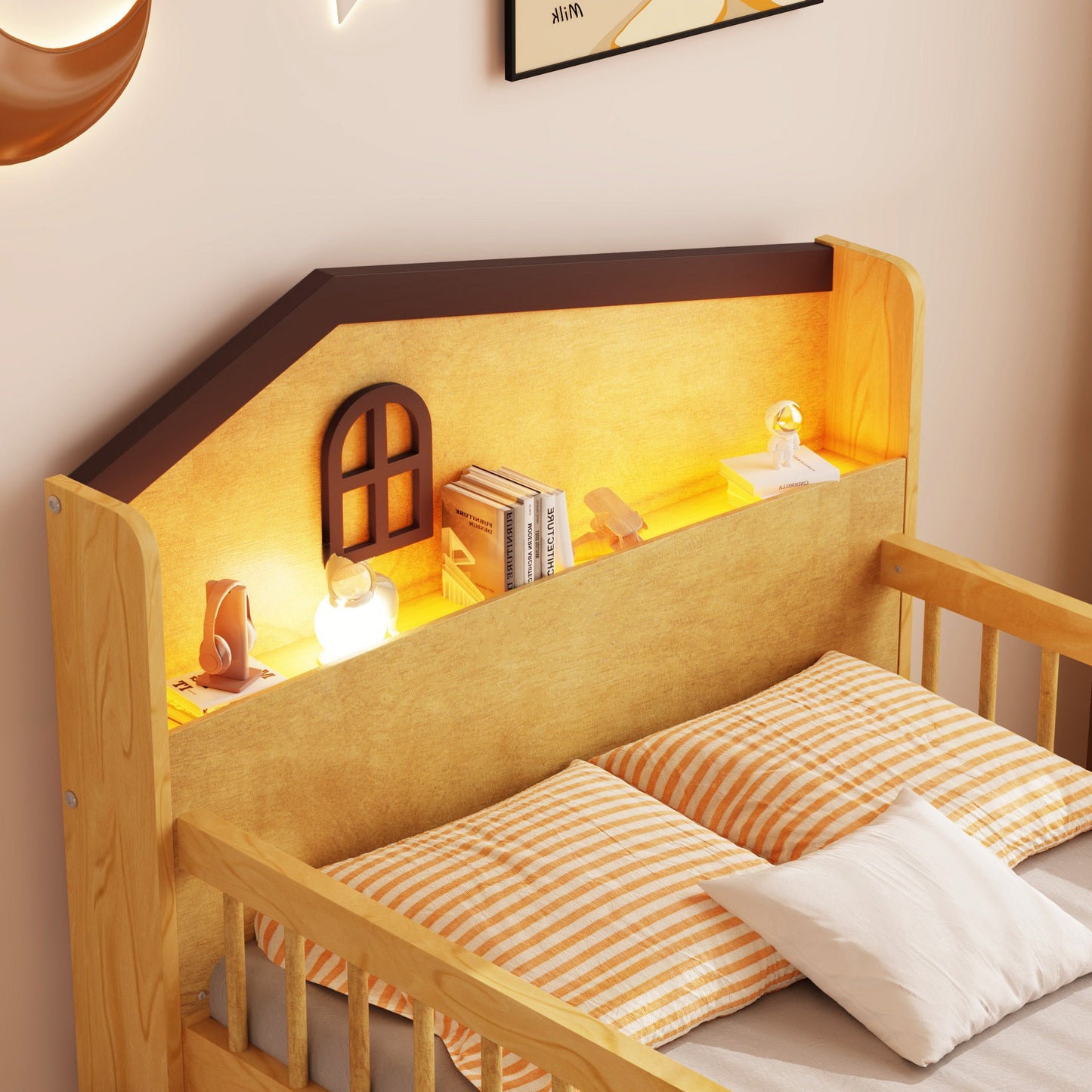 Low Loft Bed with LED Lights, Wooden Twin Loft Bed with House Shape Headboard, Kids Loft Bed with Storage Drawers, Natural (Expect Arrival Date 2025/1/20)