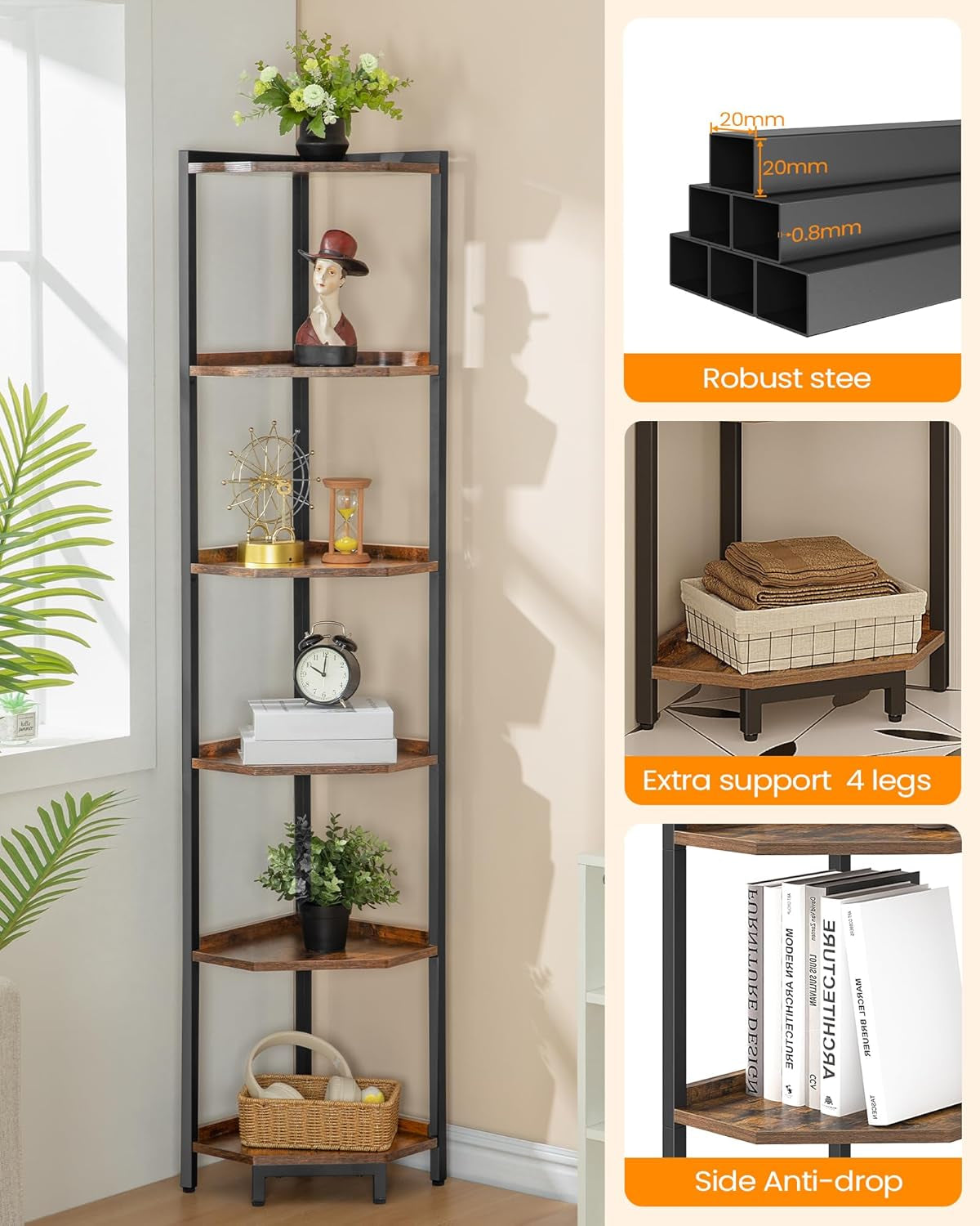 6-Tier Rustic Brown Corner Shelf Stand For Living Room