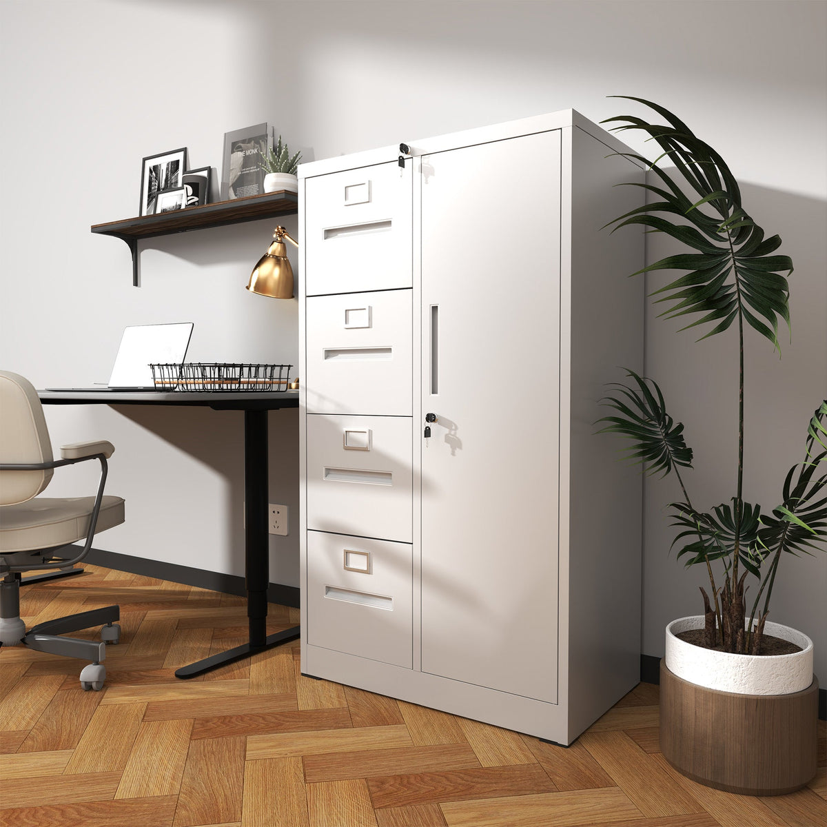 Metal Storage Vertical Filing Cabinet with Lock - White