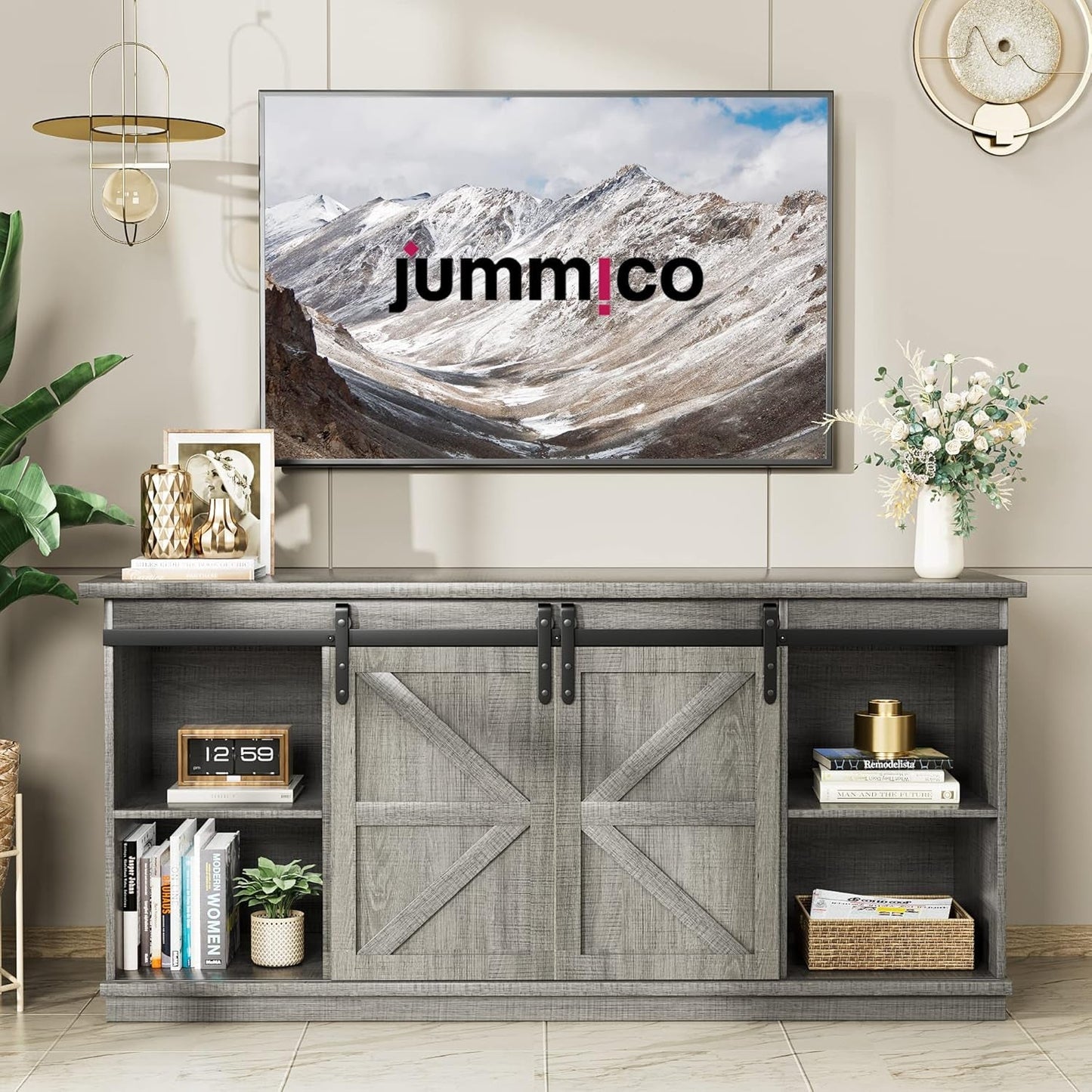 65 Inch TV Stand With Sliding Barn Doors Media Console