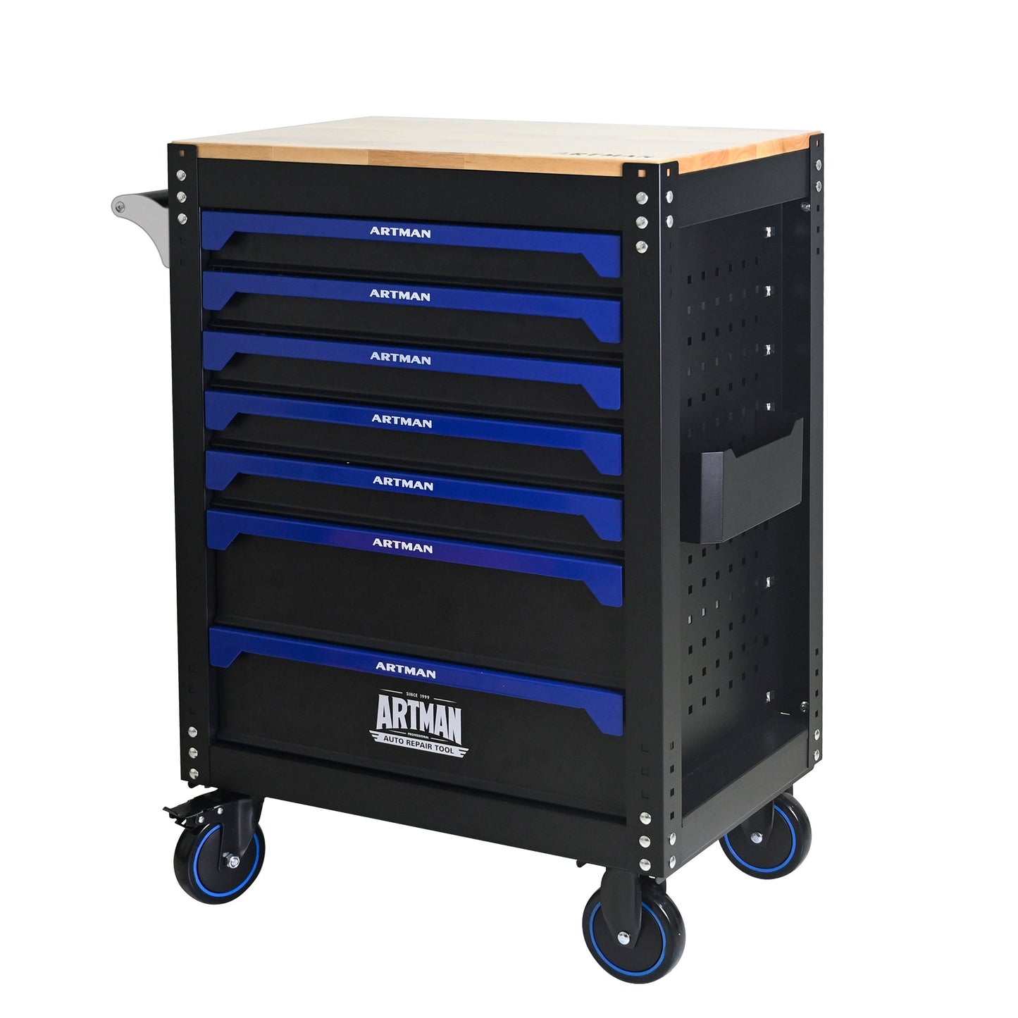 30-inch 7-drawer Wood-top Practical Rolling Steel Tool Cart, With Handle and Wheels, Storage Cabinet for Garages, Warehouses, Repair Shops, Requires Assembly of the the Tool Cart - Black & Blue